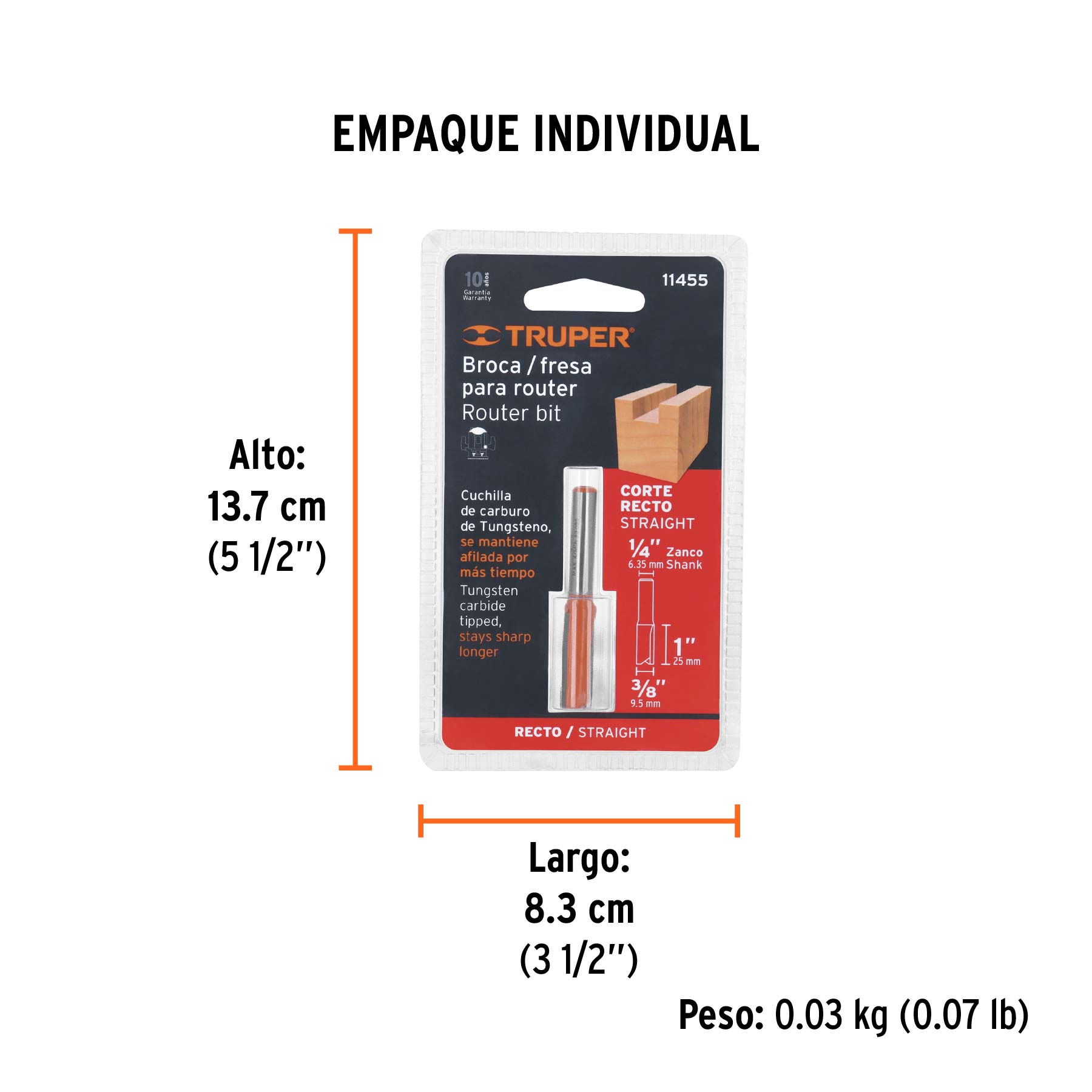 Broca para router, recta 2 filos, 3/8", TRUPER - Empaque