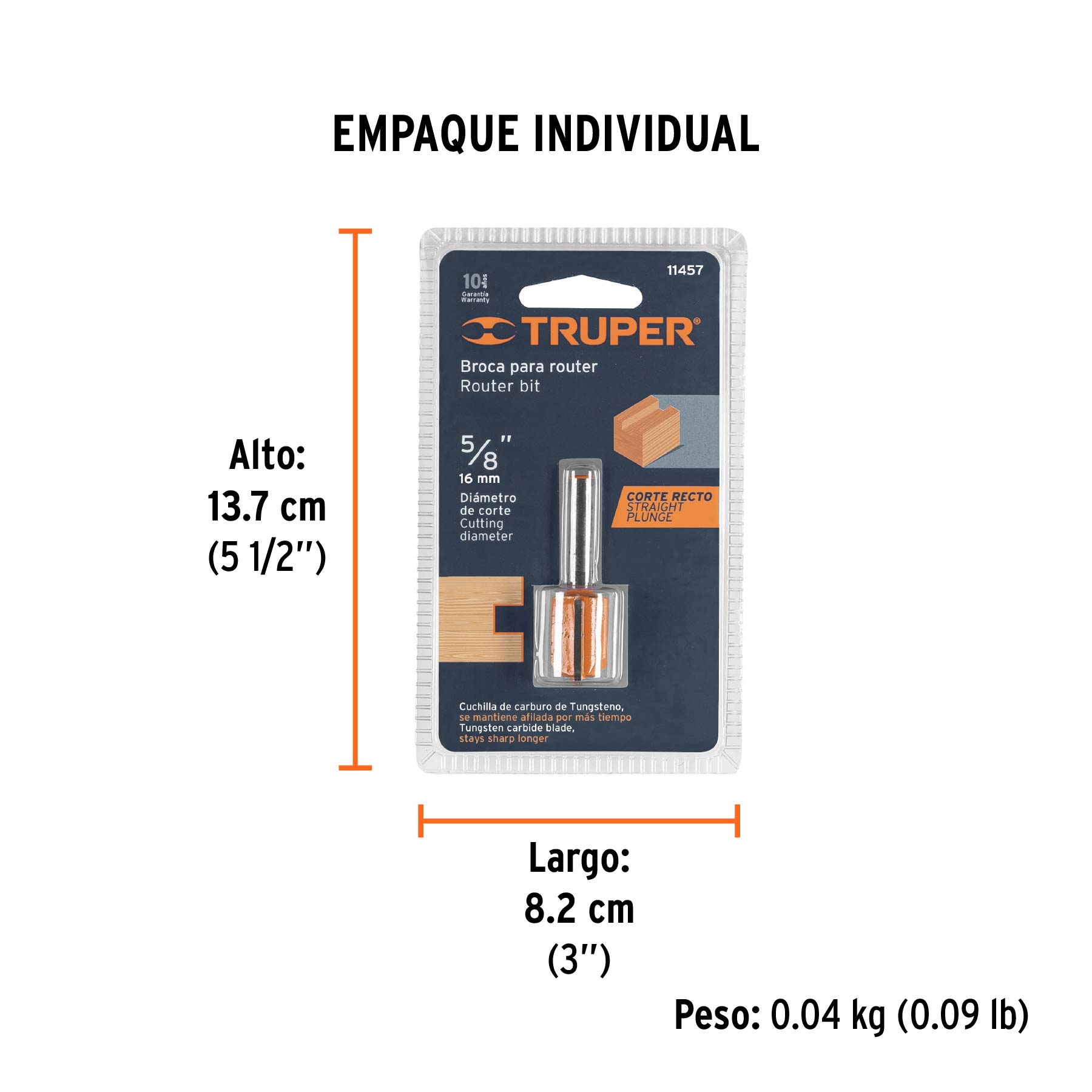 Broca para router, recta 2 filos, 5/8", TRUPER - Empaque