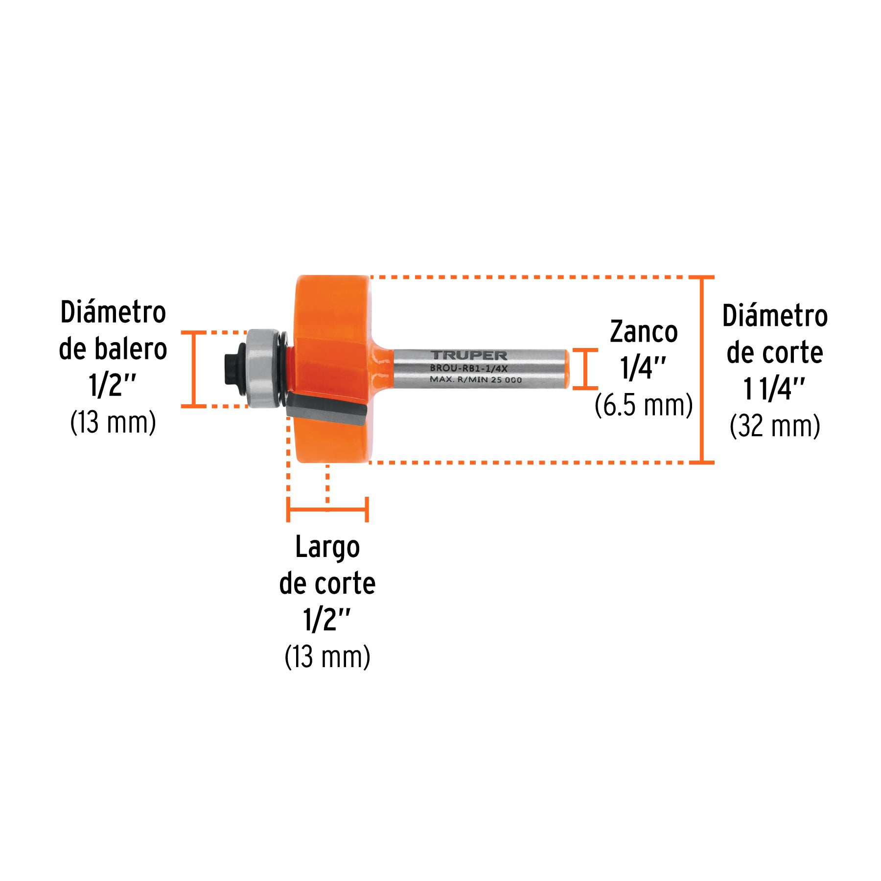 Broca para router, rebajado, 1-1/4" con balero, TRUPER