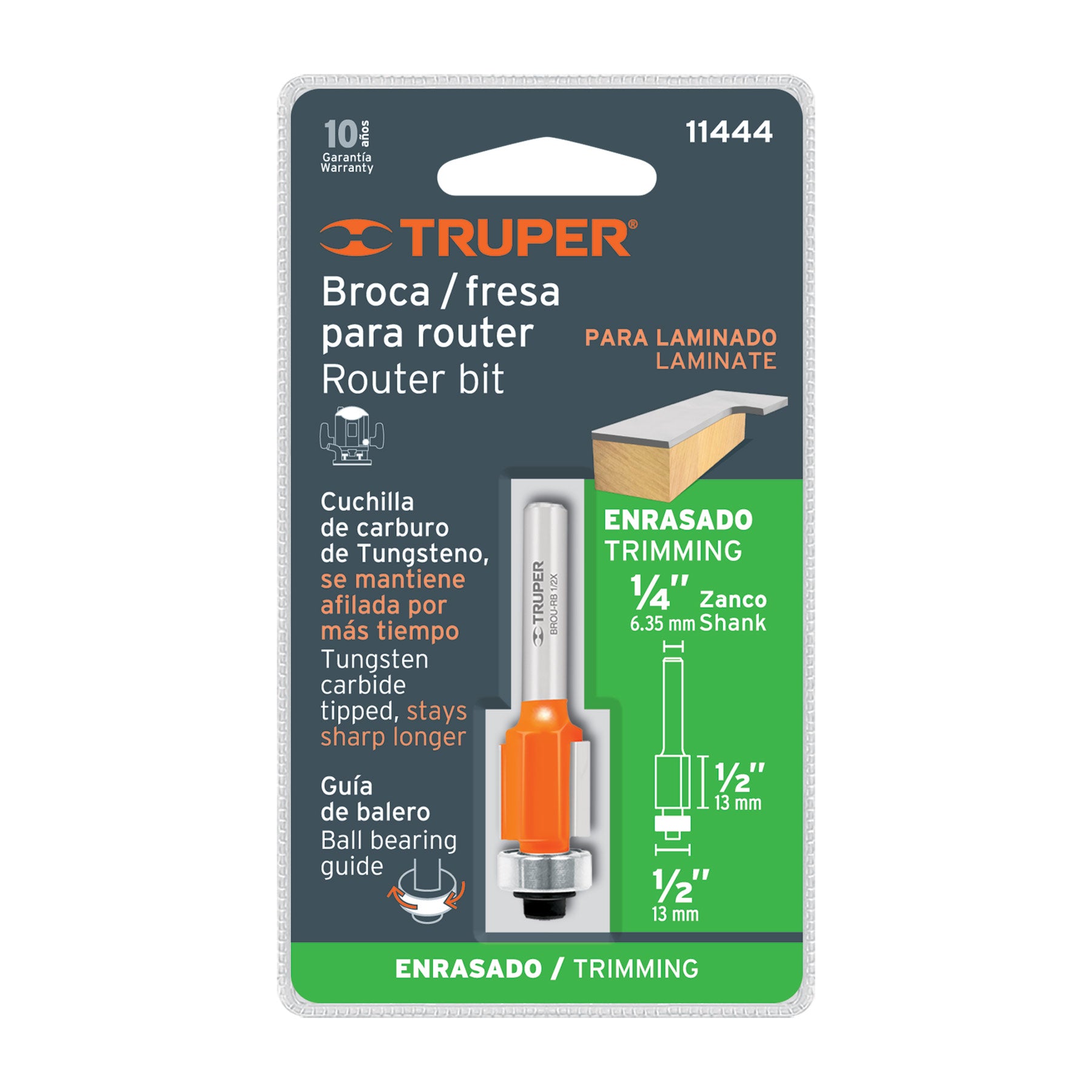 Broca para router, corte recto, 1/2" con balero, TRUPER