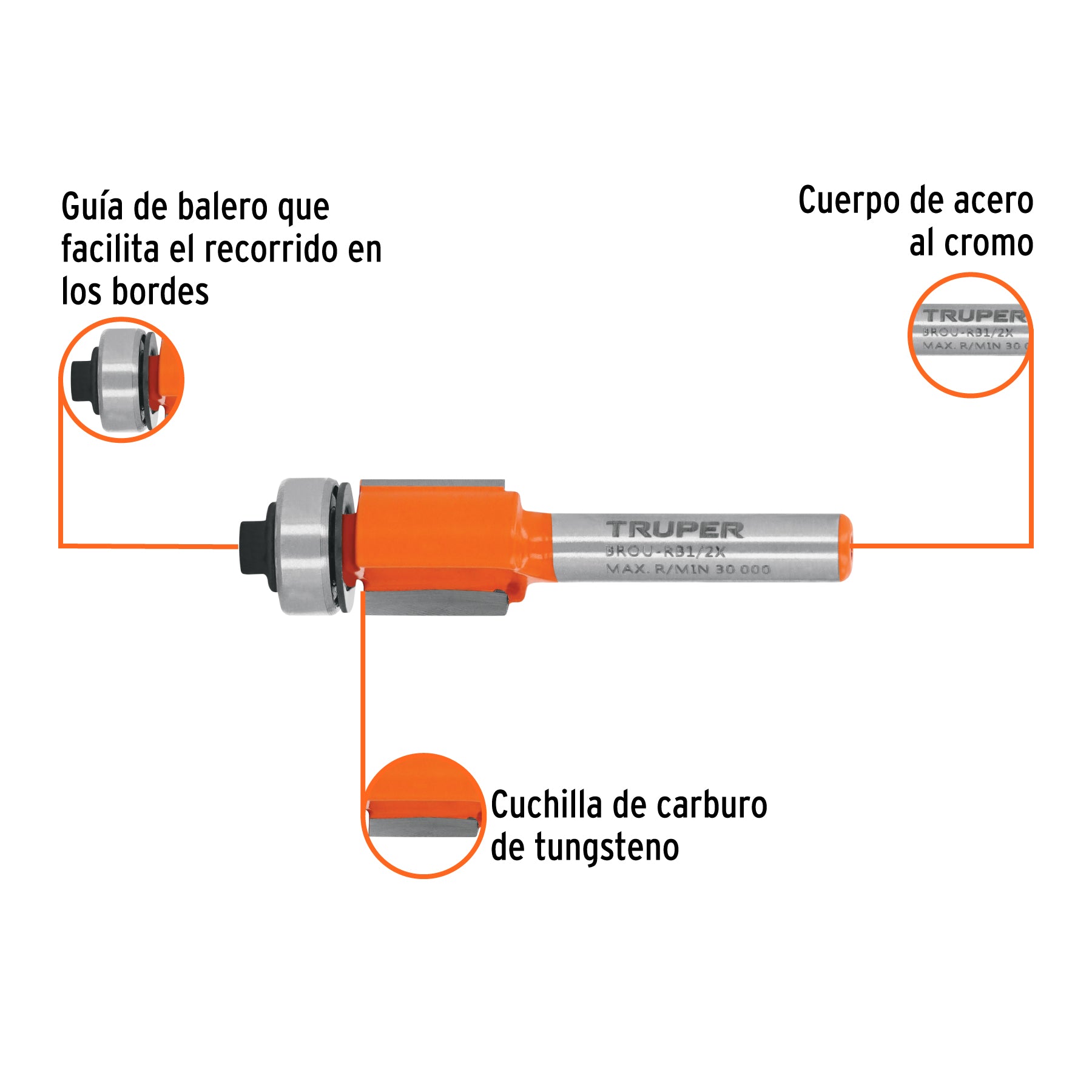 Broca para router, corte recto, 1/2" con balero, TRUPER