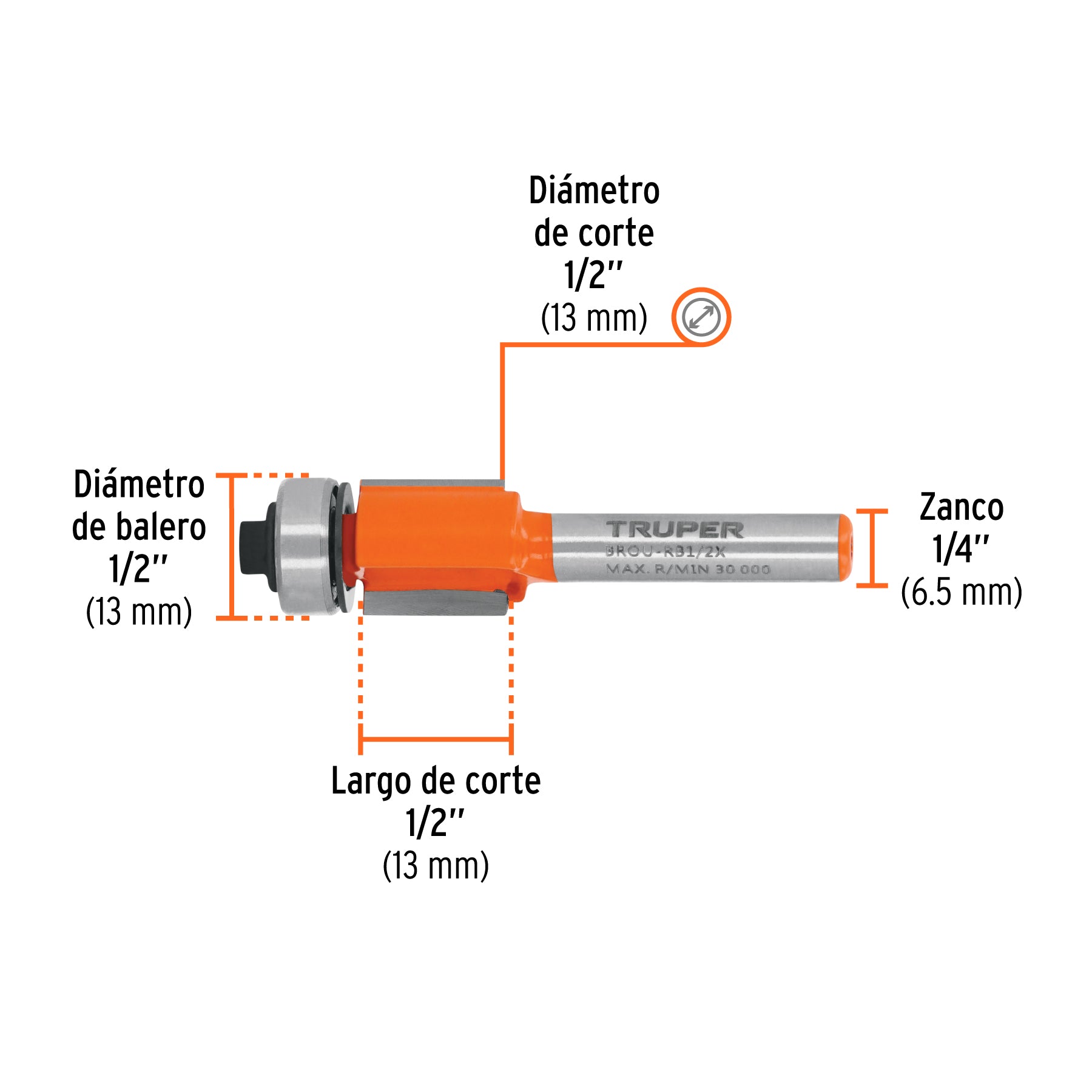 Broca para router, corte recto, 1/2" con balero, TRUPER
