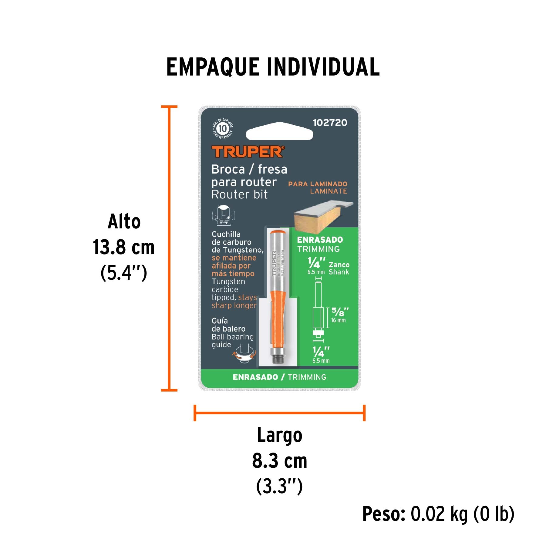 Broca para router, corte recto, 1/4" con balero, TRUPER - Empaque