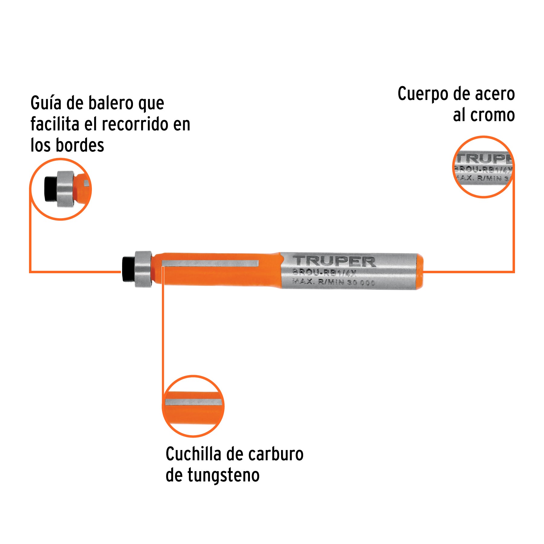 Broca para router, corte recto, 1/4" con balero, TRUPER