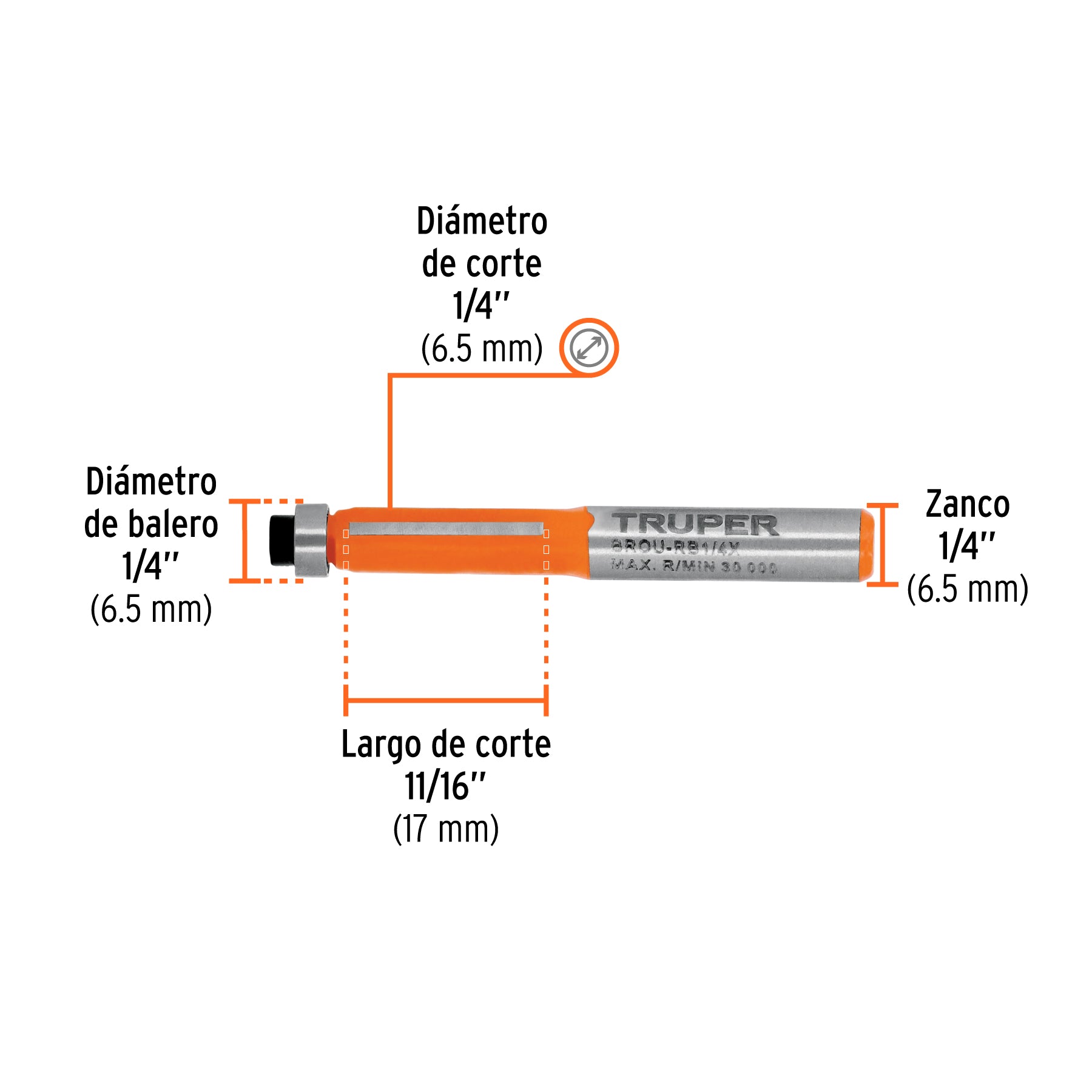 Broca para router, corte recto, 1/4" con balero, TRUPER