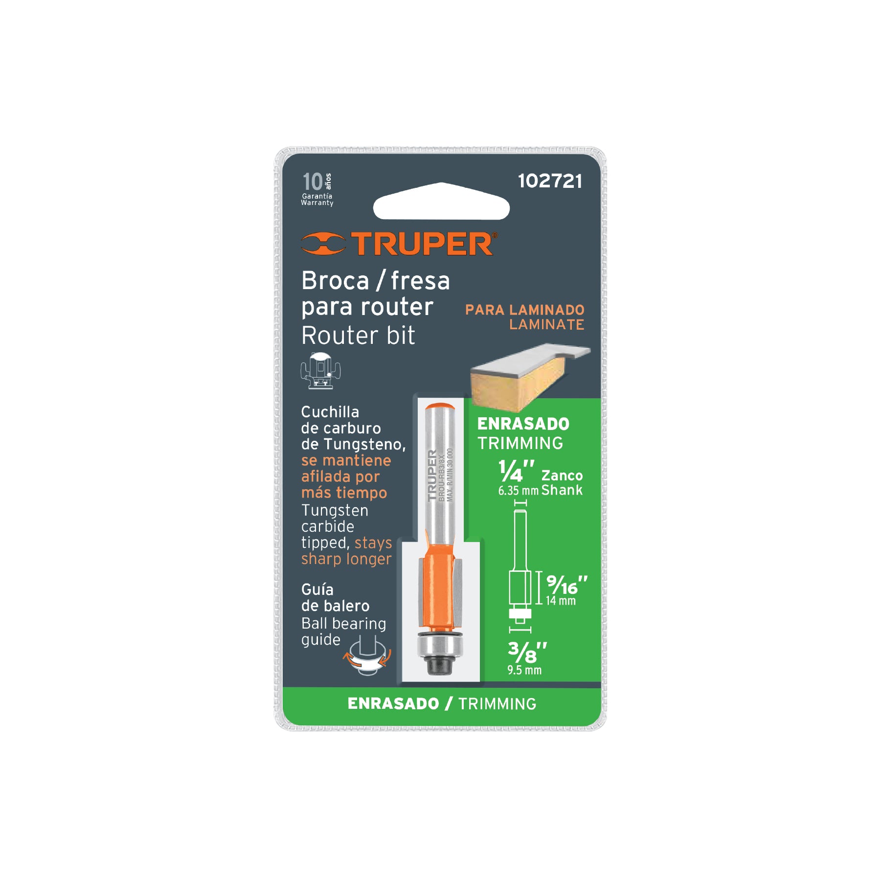 Broca para router, corte recto, 3/8" con balero, TRUPER