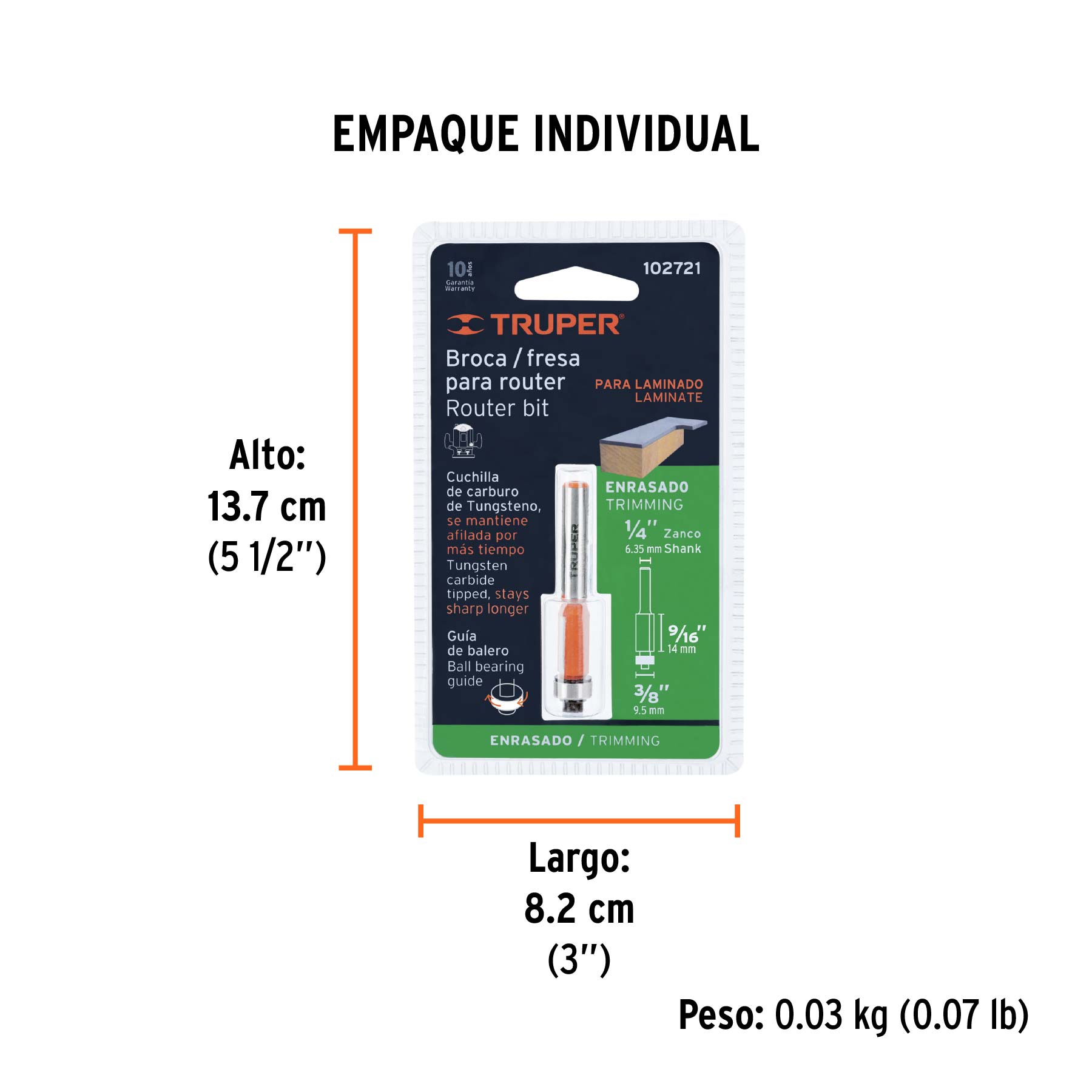 Broca para router, corte recto, 3/8" con balero, TRUPER - Empaque