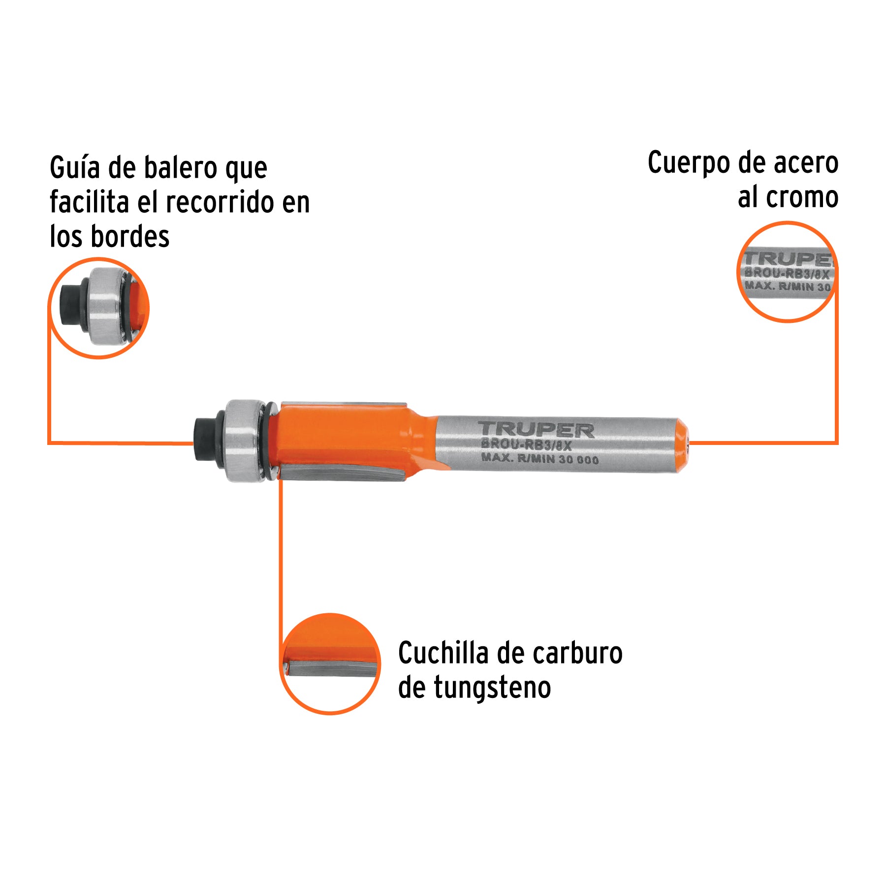Broca para router, corte recto, 3/8" con balero, TRUPER