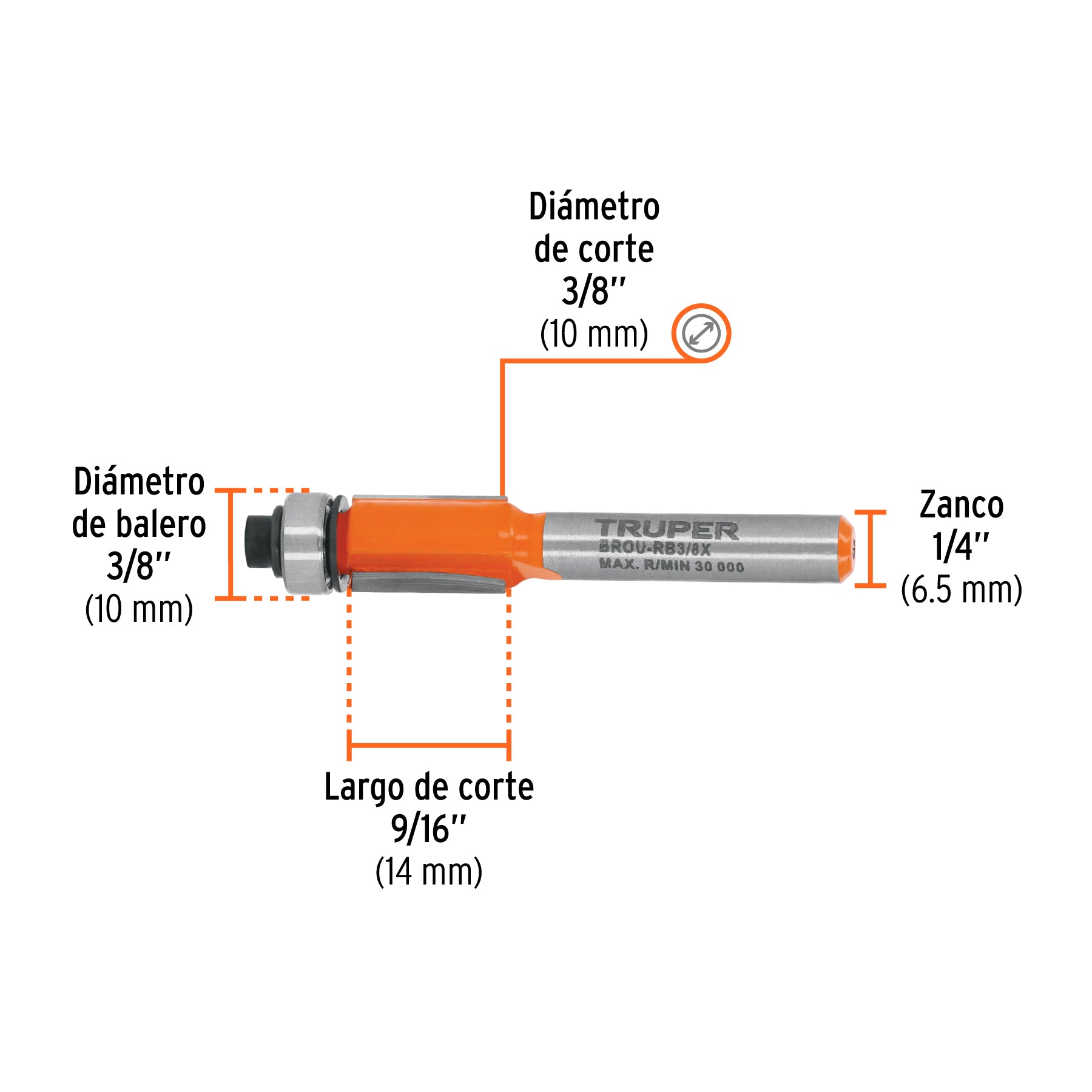 Broca para router, corte recto, 3/8" con balero, TRUPER