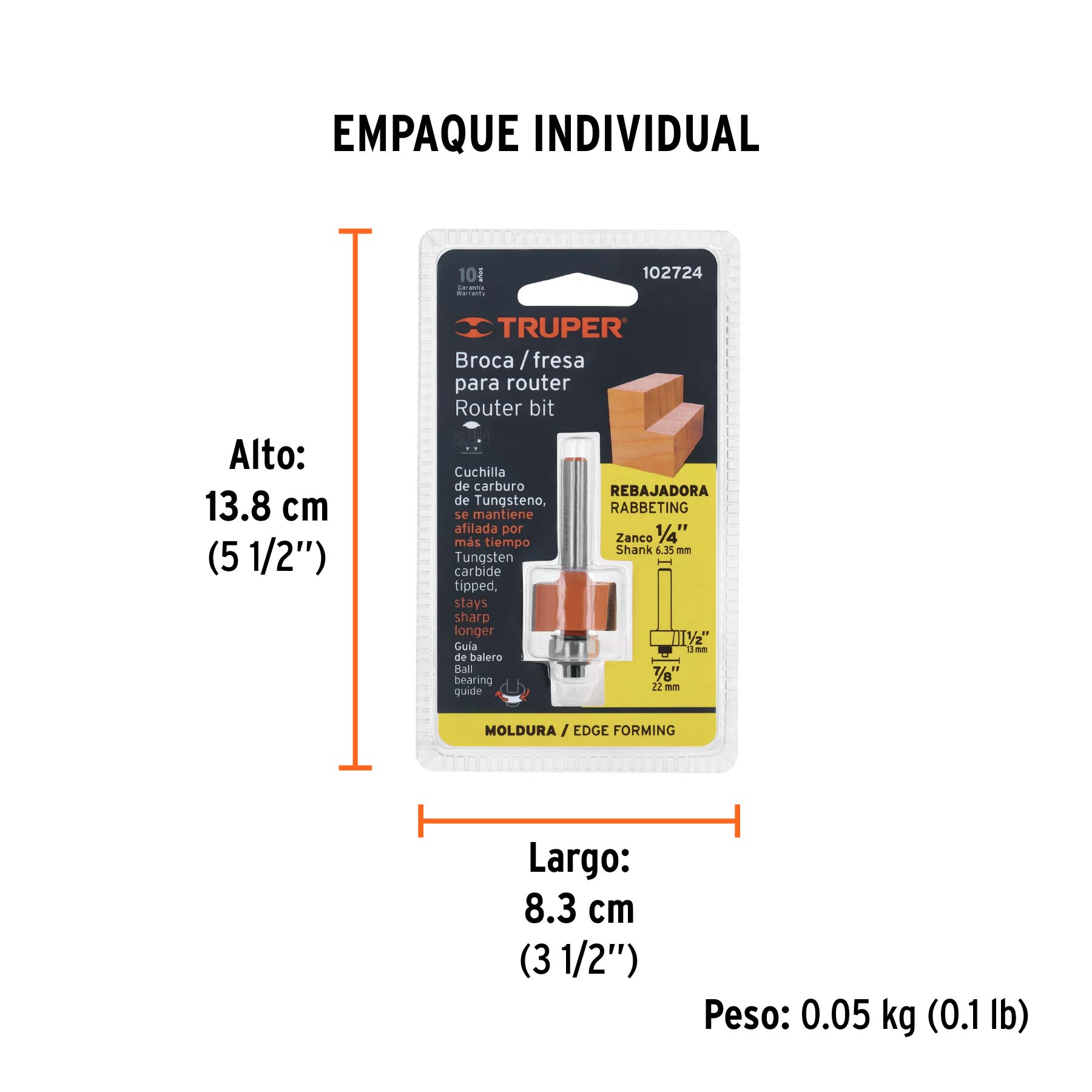 Broca para router, rebajado, 7/8" con balero, TRUPER - Empaque