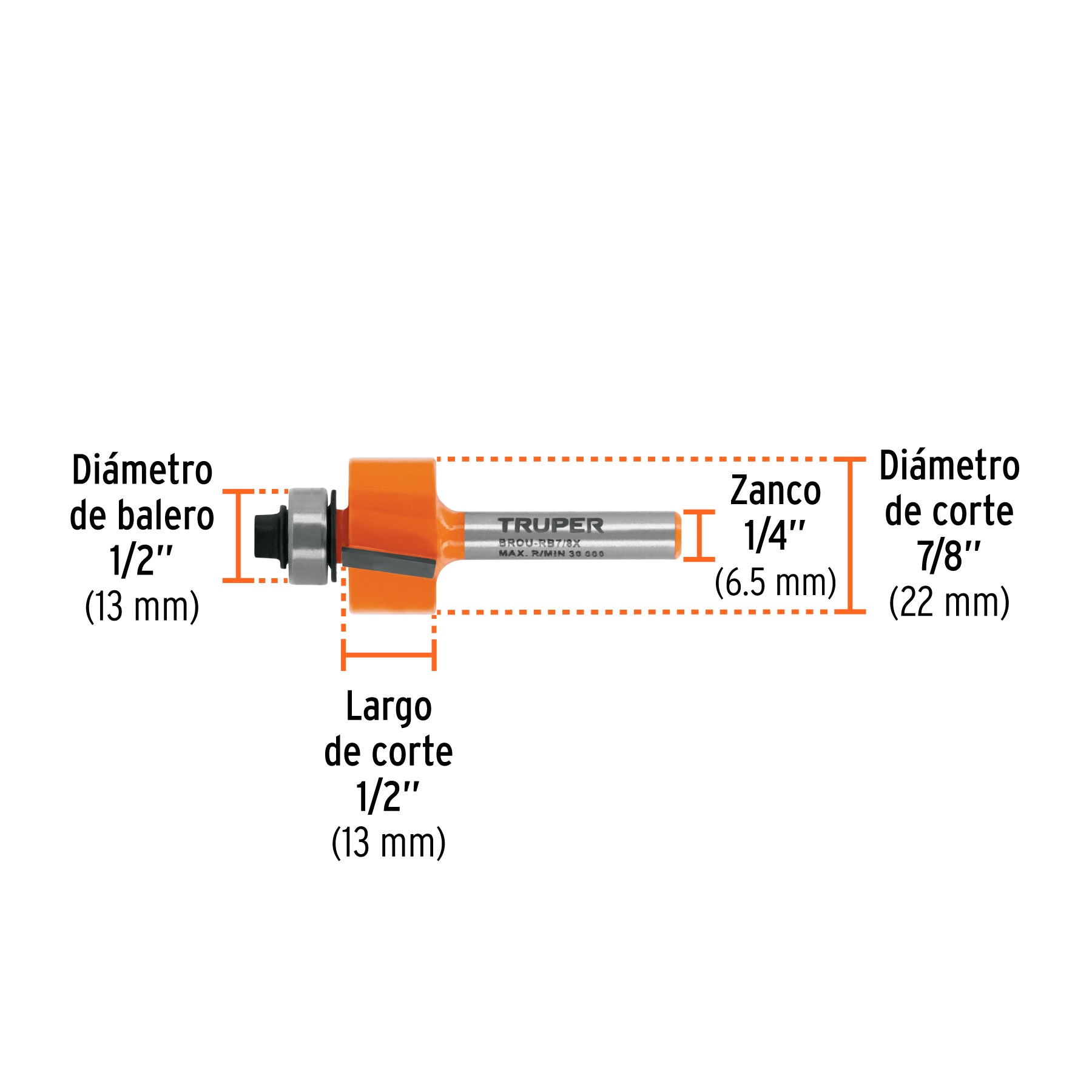 Broca para router, rebajado, 7/8" con balero, TRUPER