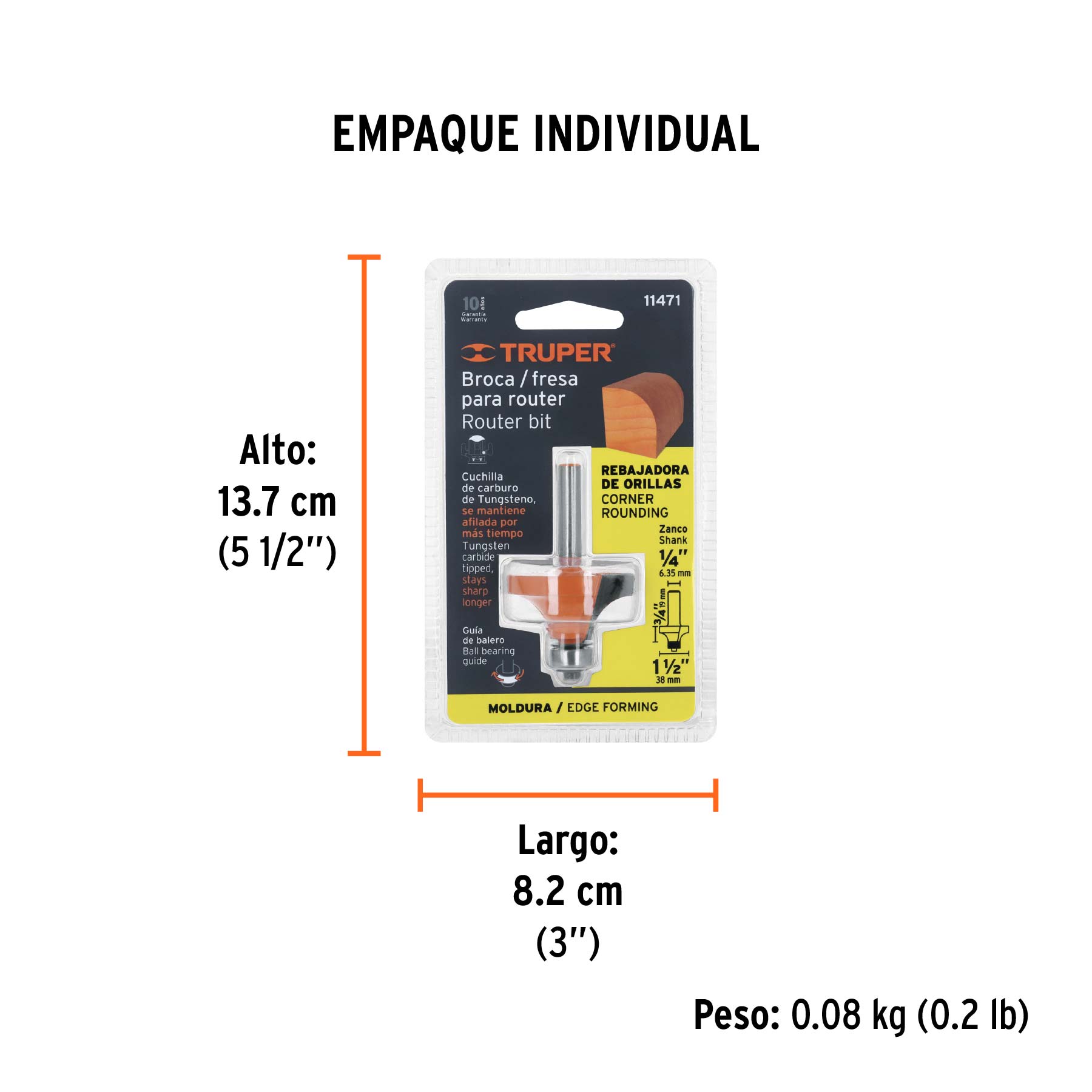 Broca para router, redondeado, 1-1/2" con balero, TRUPER - Empaque