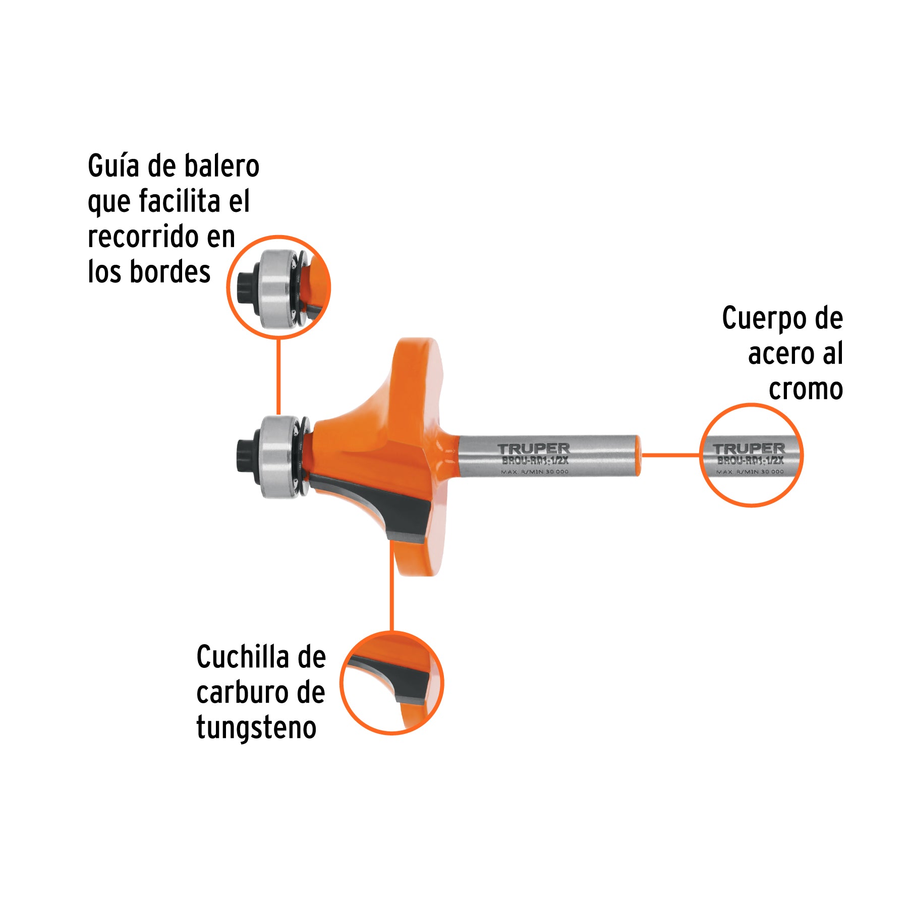 Broca para router, redondeado, 1-1/2" con balero, TRUPER