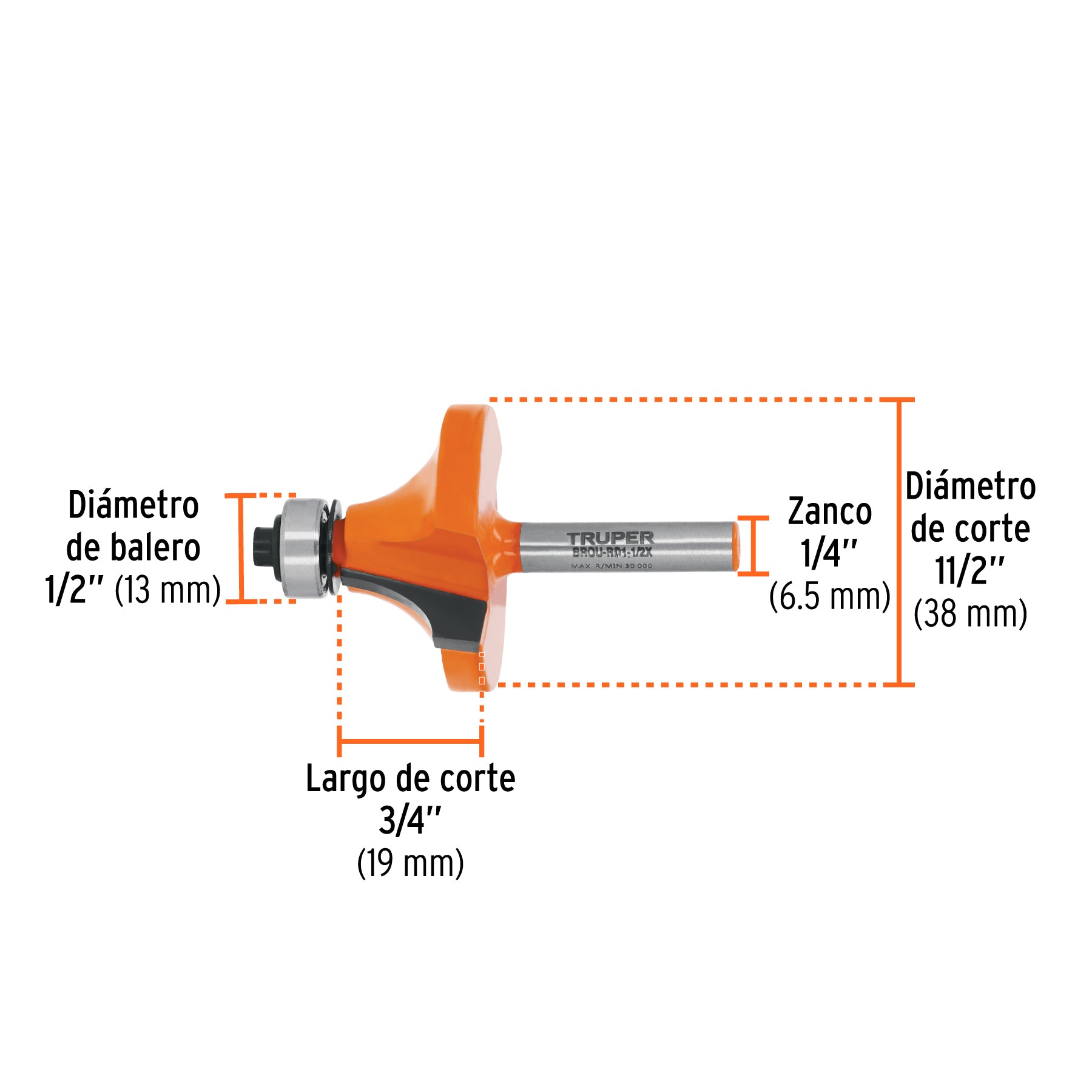 Broca para router, redondeado, 1-1/2" con balero, TRUPER