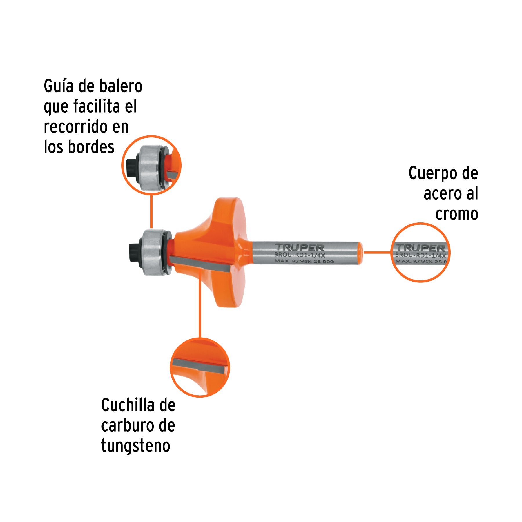 Broca para router, redondeado, 1-1/4" con balero, TRUPER