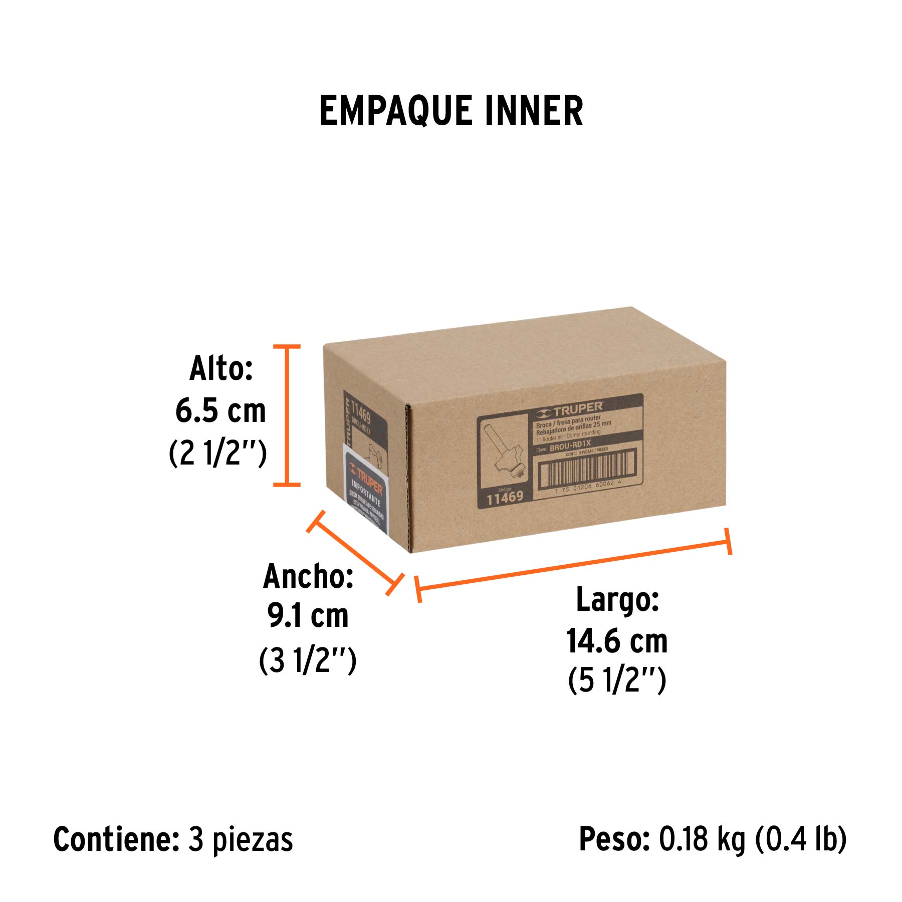 Broca para router, redondeado, 1" con balero, TRUPER - Empaque