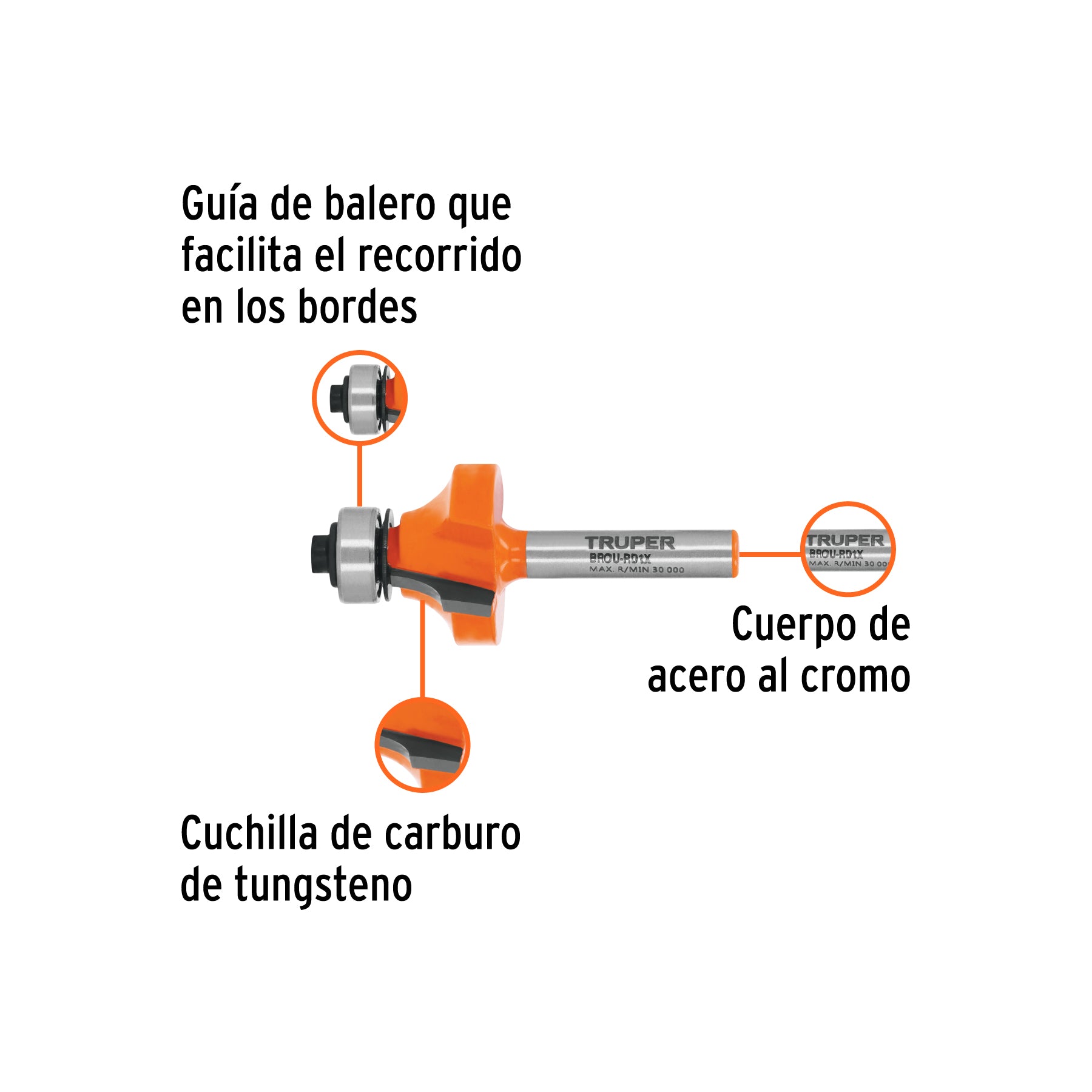 Broca para router, redondeado, 1" con balero, TRUPER