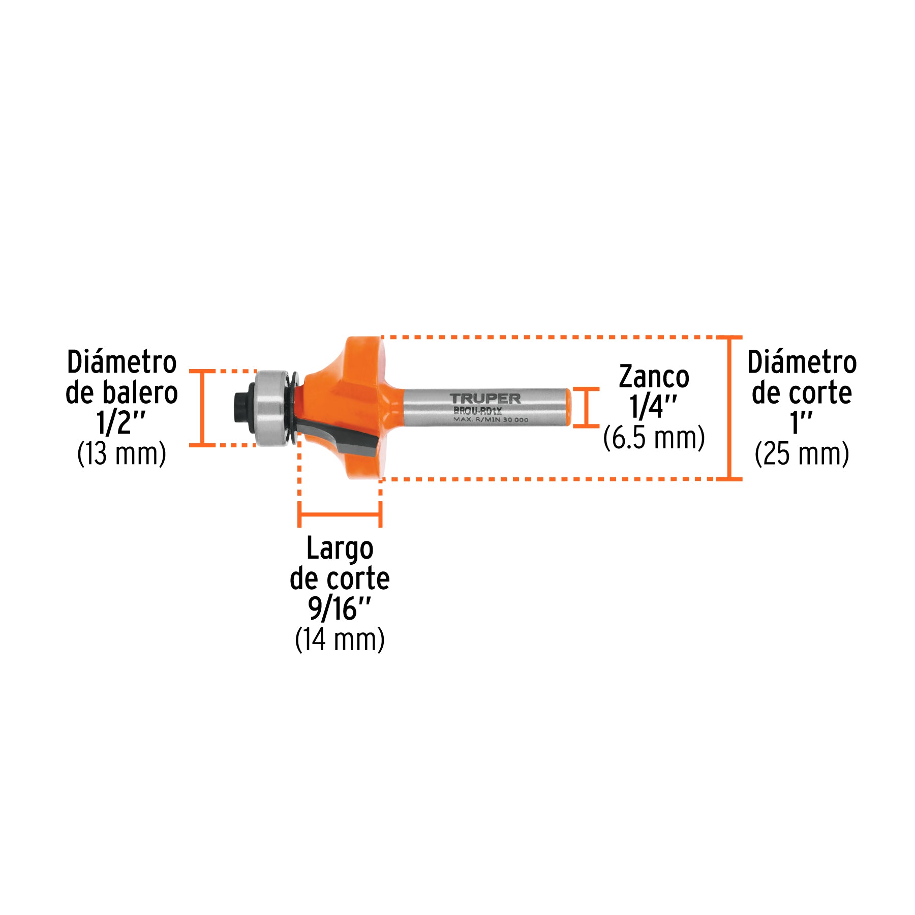 Broca para router, redondeado, 1" con balero, TRUPER