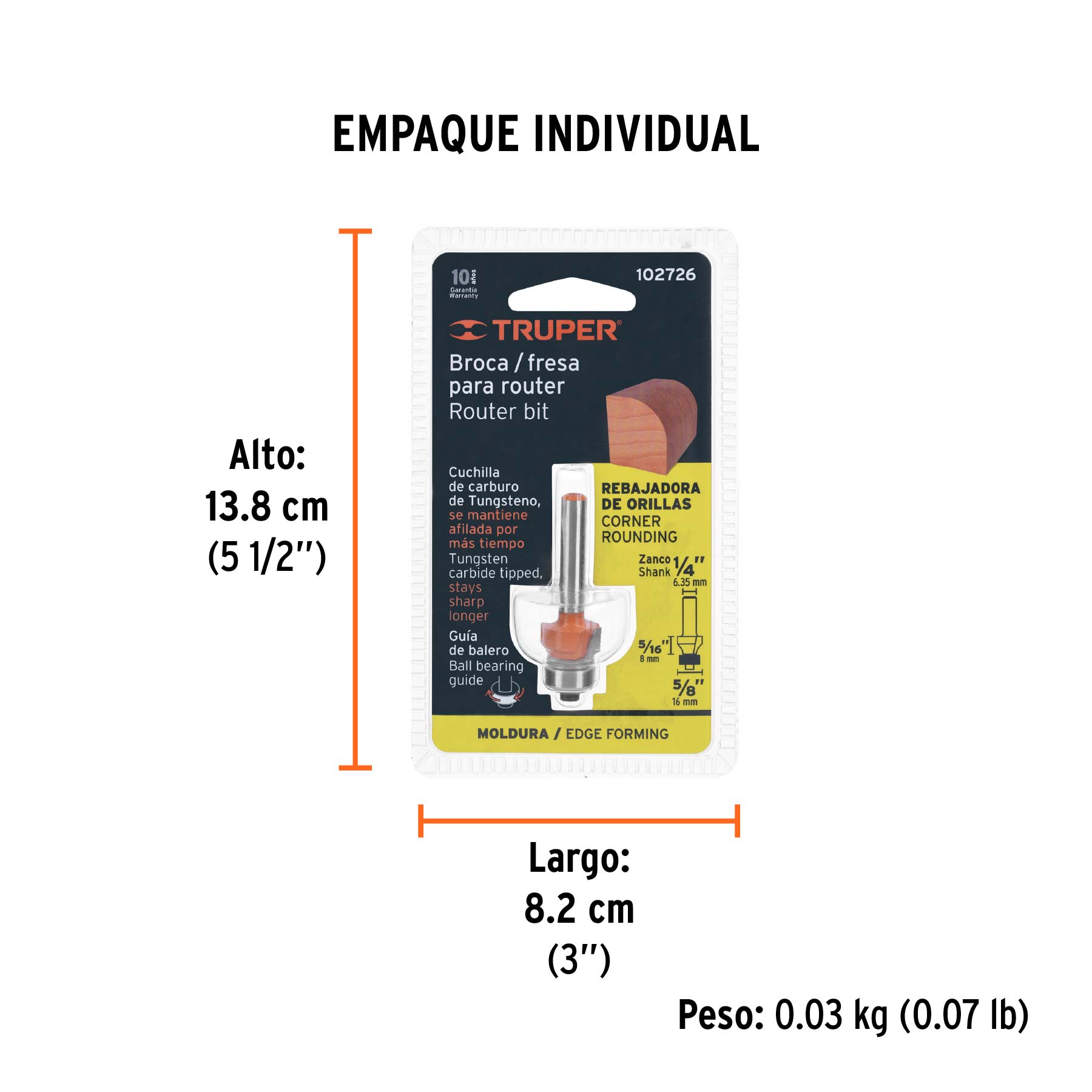 Broca para router, redondeado, 5/8" con balero, TRUPER - Empaque