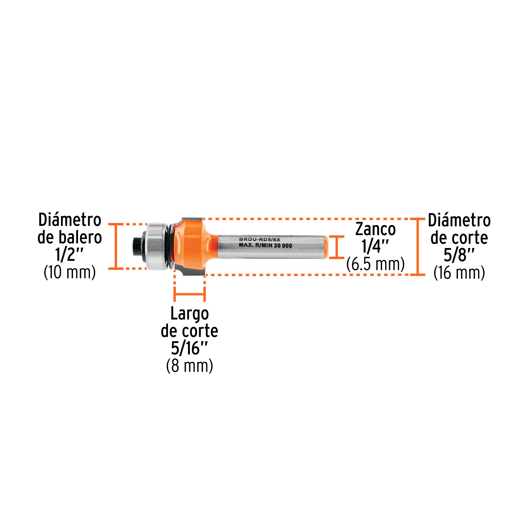 Broca para router, redondeado, 5/8" con balero, TRUPER
