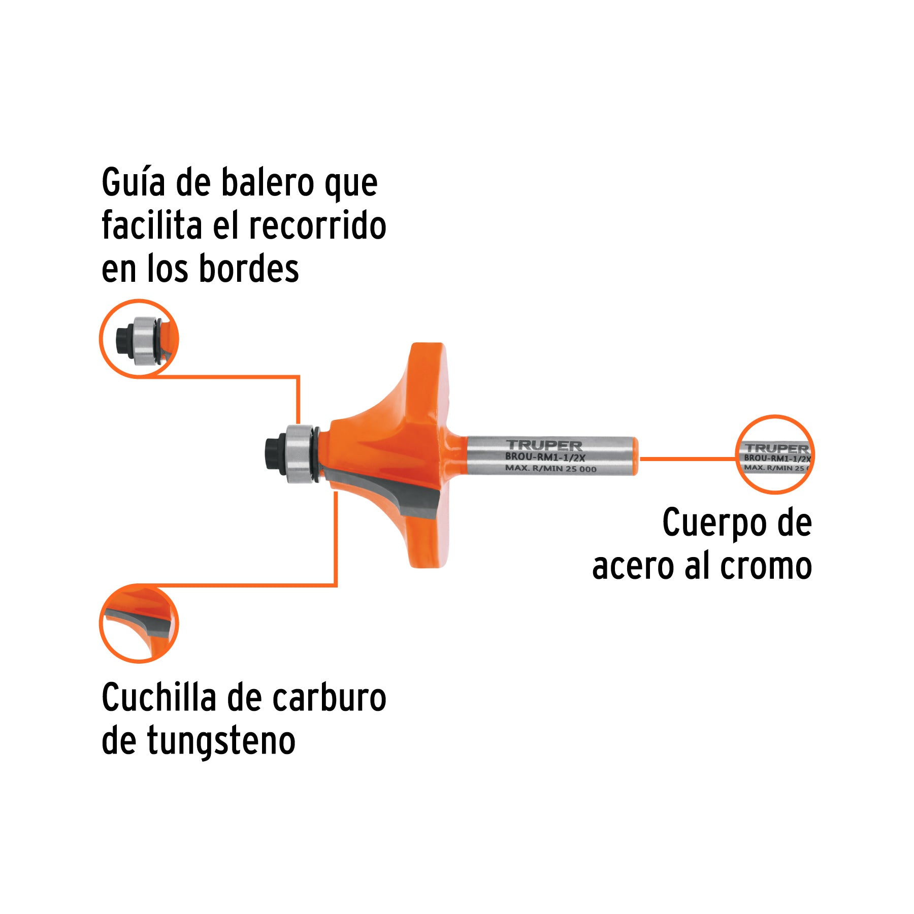 Broca para router, redondeado con moldura, 1-1/2" con balero