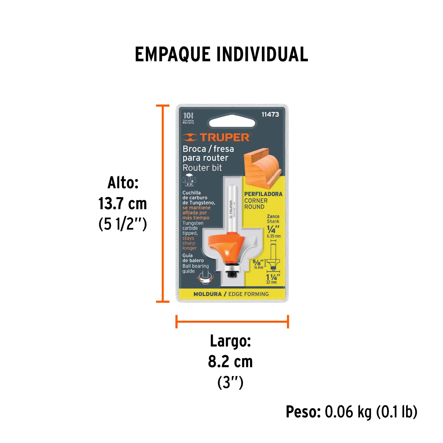 Broca para router, redondeado con moldura, 1-1/4" con balero - Empaque
