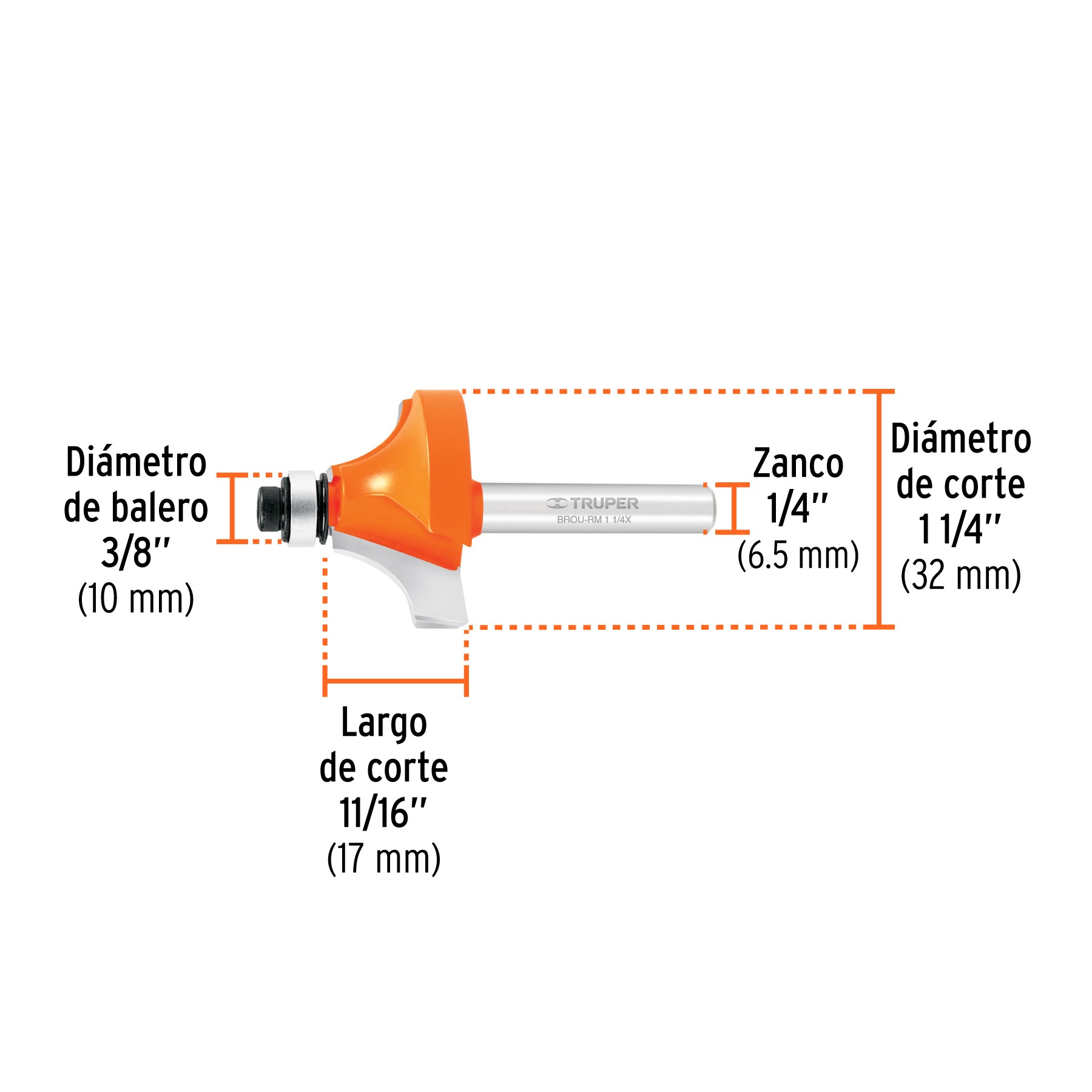 Broca para router, redondeado con moldura, 1-1/4" con balero