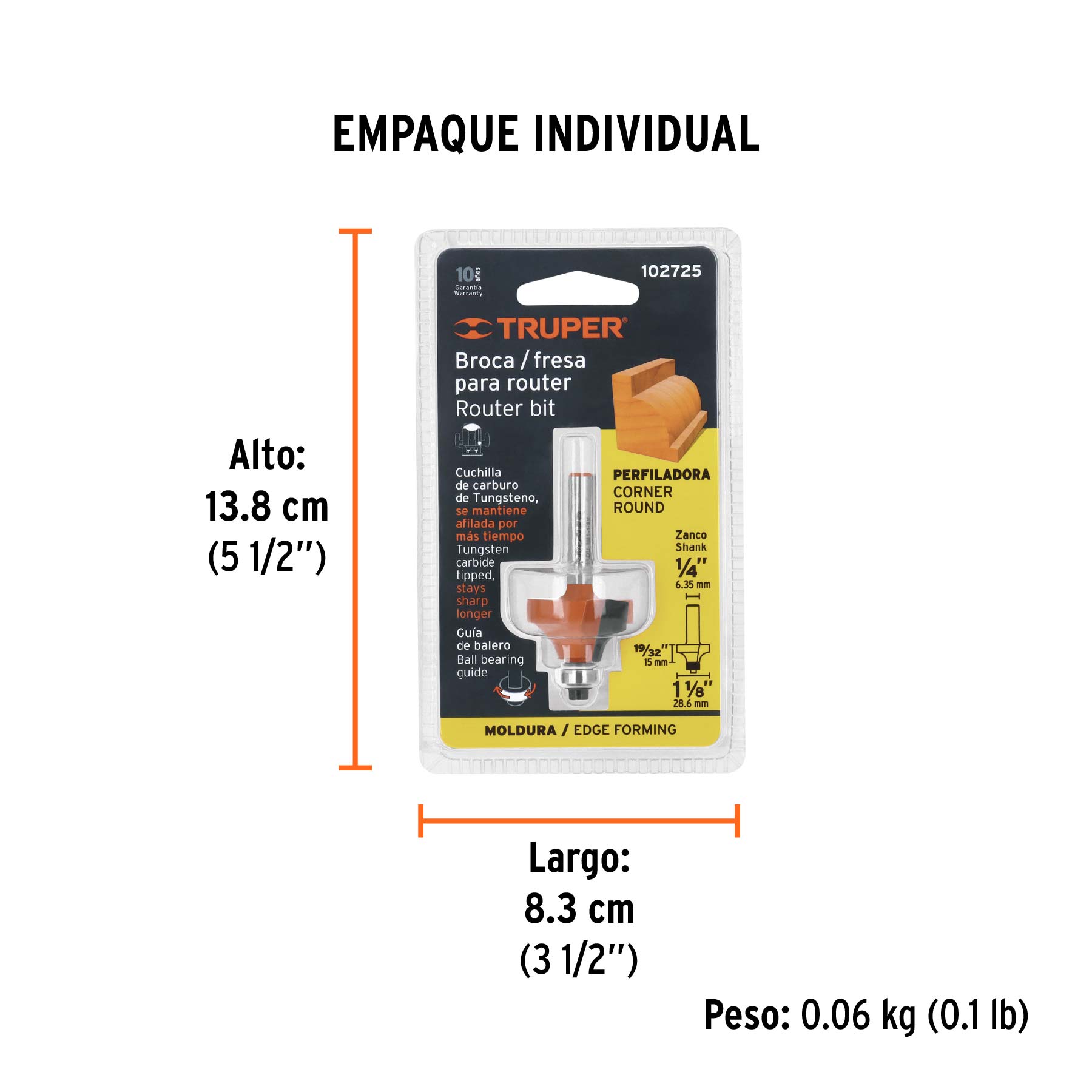 Broca para router, redondeado con moldura, 1-1/8" con balero - Empaque