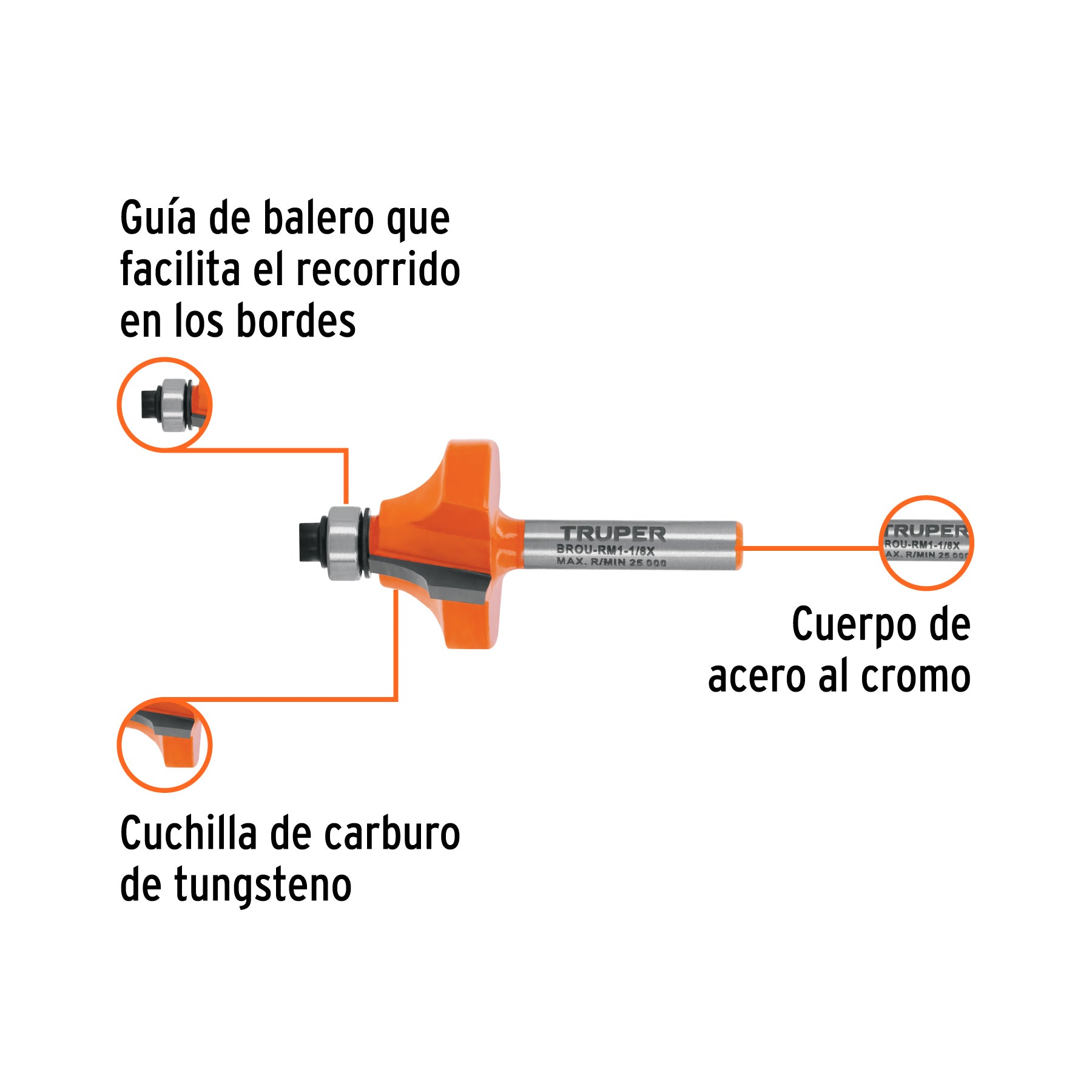 Broca para router, redondeado con moldura, 1-1/8" con balero
