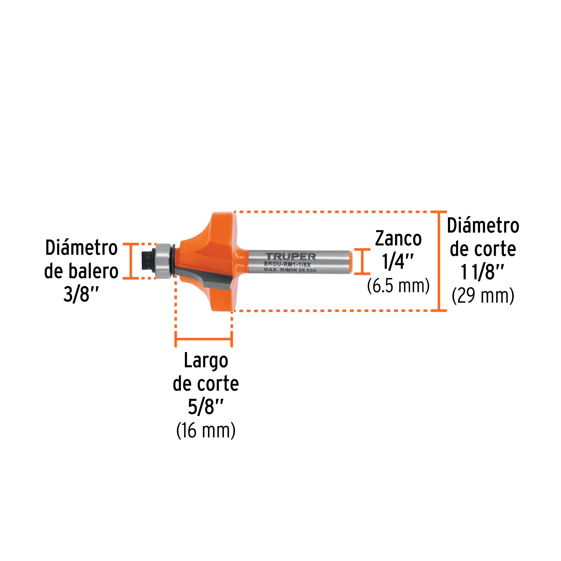 Broca para router, redondeado con moldura, 1-1/8" con balero