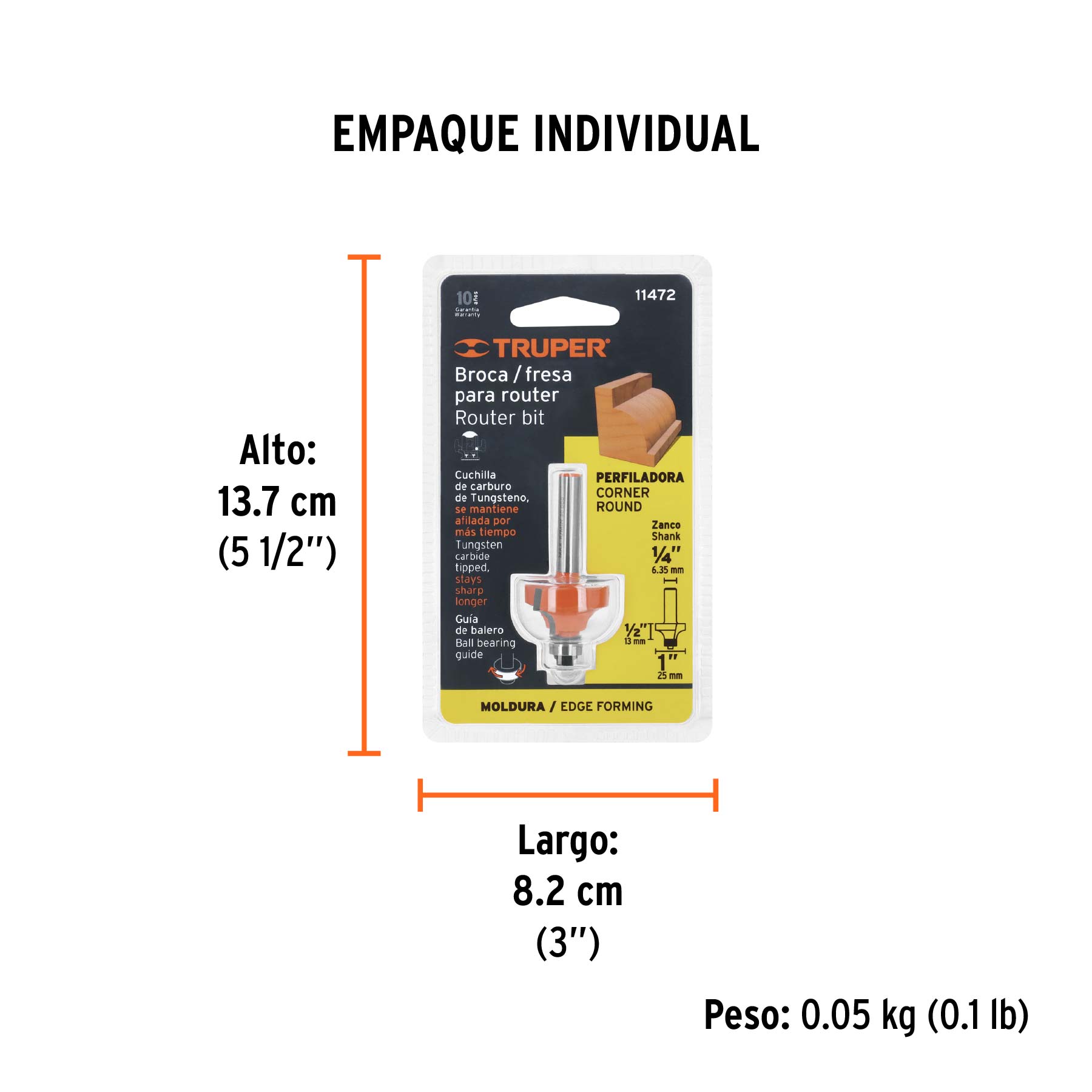 Broca para router, redondeado con moldura, 1" con balero - Empaque