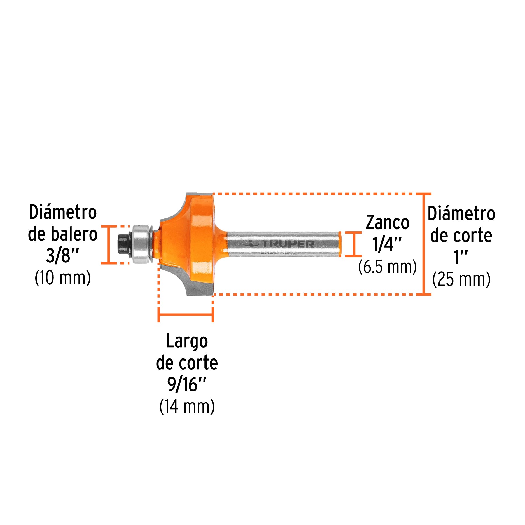 Broca para router, redondeado con moldura, 1" con balero