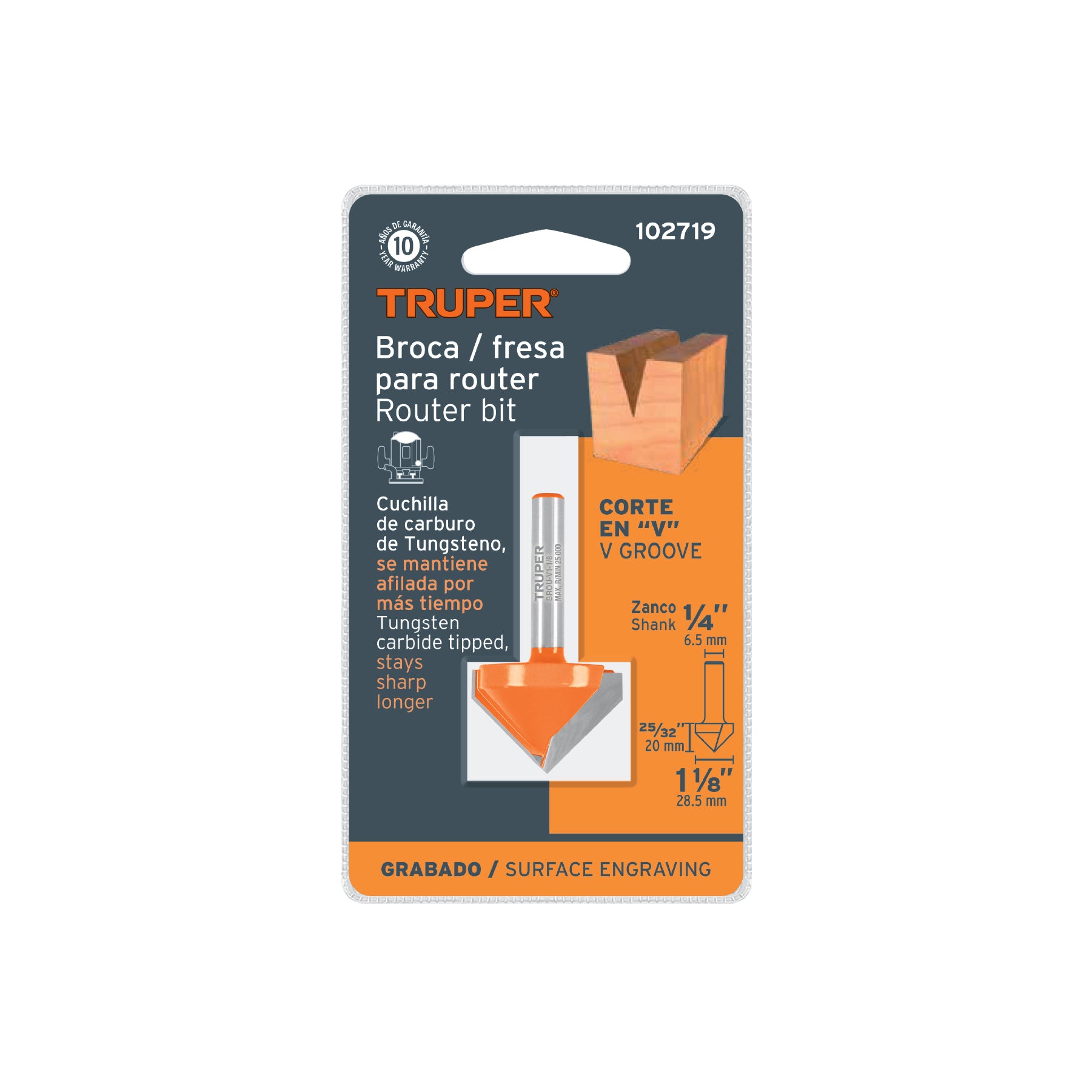 Broca para router, corte en "V", 1-1/8", TRUPER