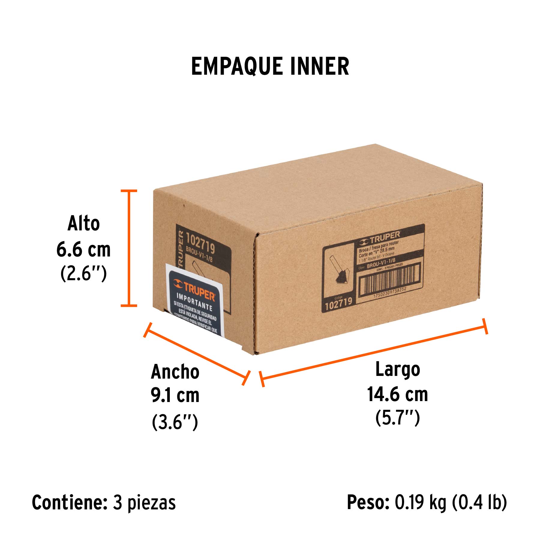 Broca para router, corte en "V", 1-1/8", TRUPER - Empaque
