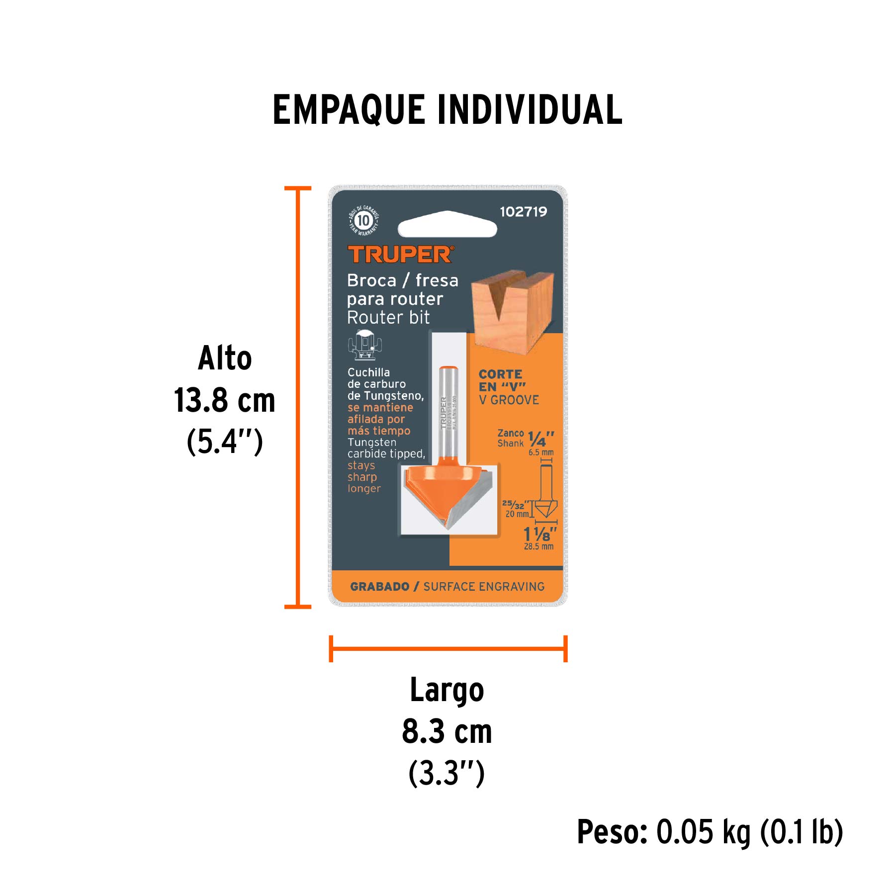 Broca para router, corte en "V", 1-1/8", TRUPER - Empaque