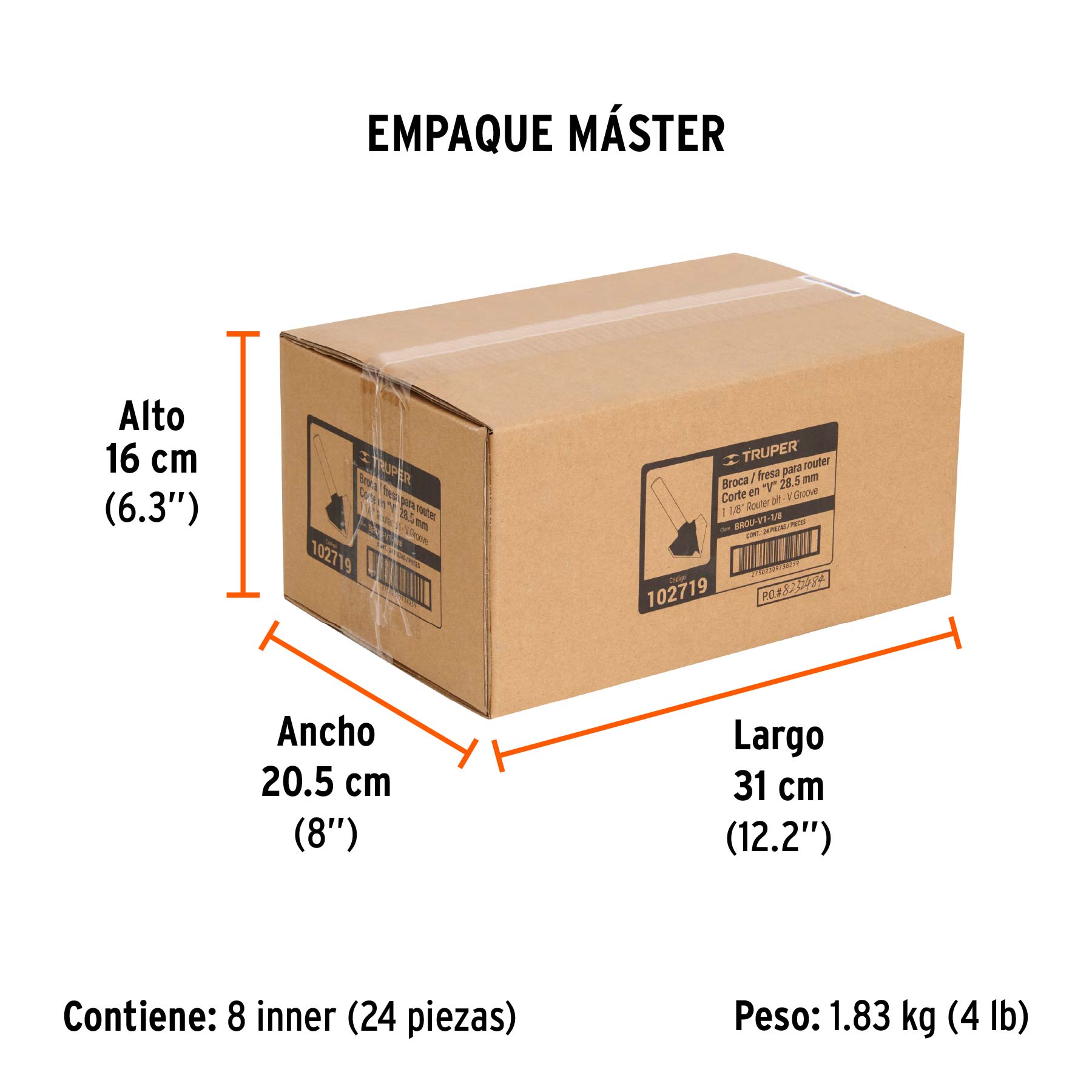 Broca para router, corte en "V", 1-1/8", TRUPER - Empaque