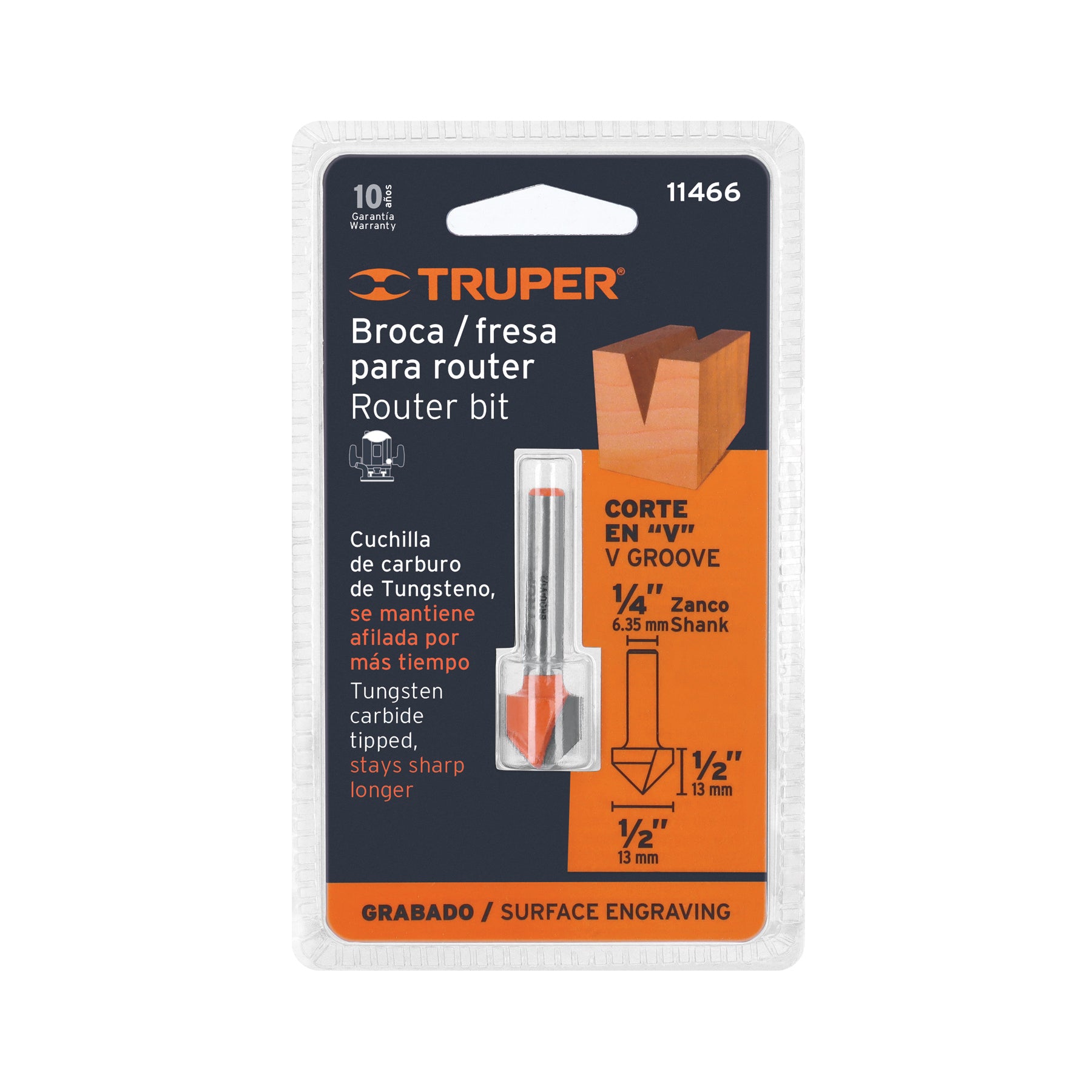 Broca para router, corte en "V", 1/2", TRUPER
