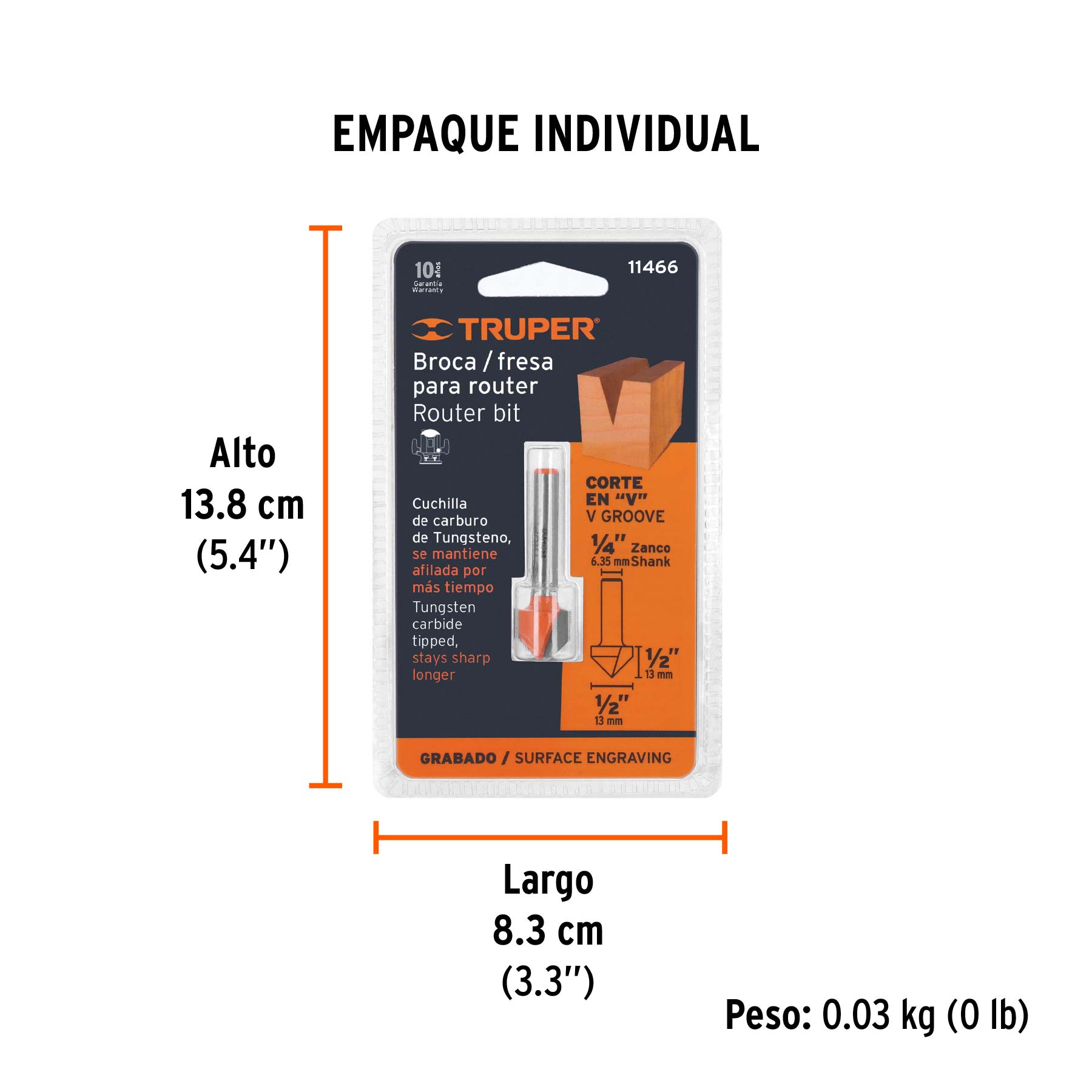 Broca para router, corte en "V", 1/2", TRUPER - Empaque