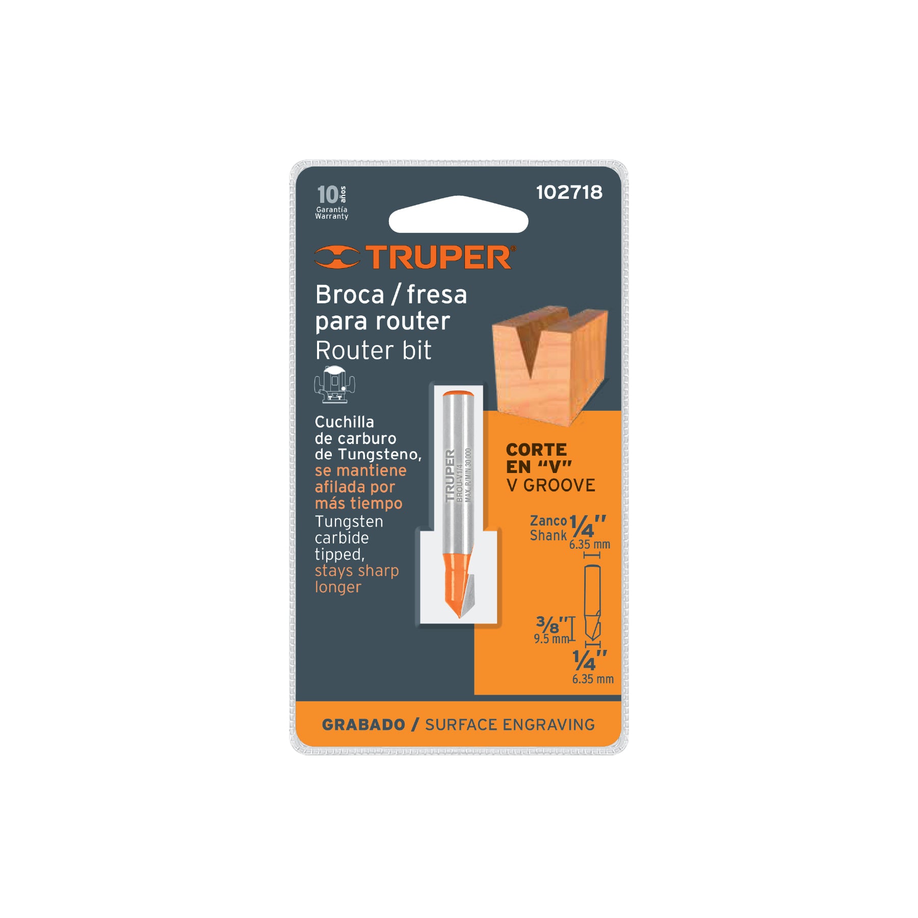 Broca para router, corte en "V", 1/4", TRUPER