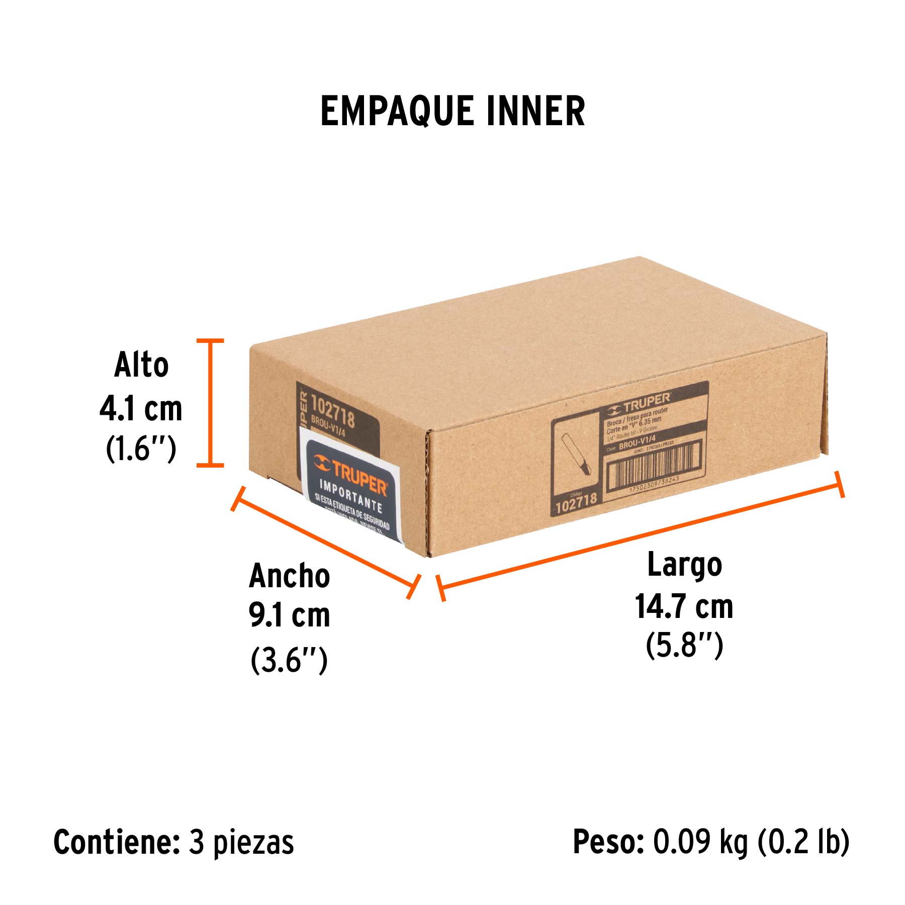 Broca para router, corte en "V", 1/4", TRUPER - Empaque