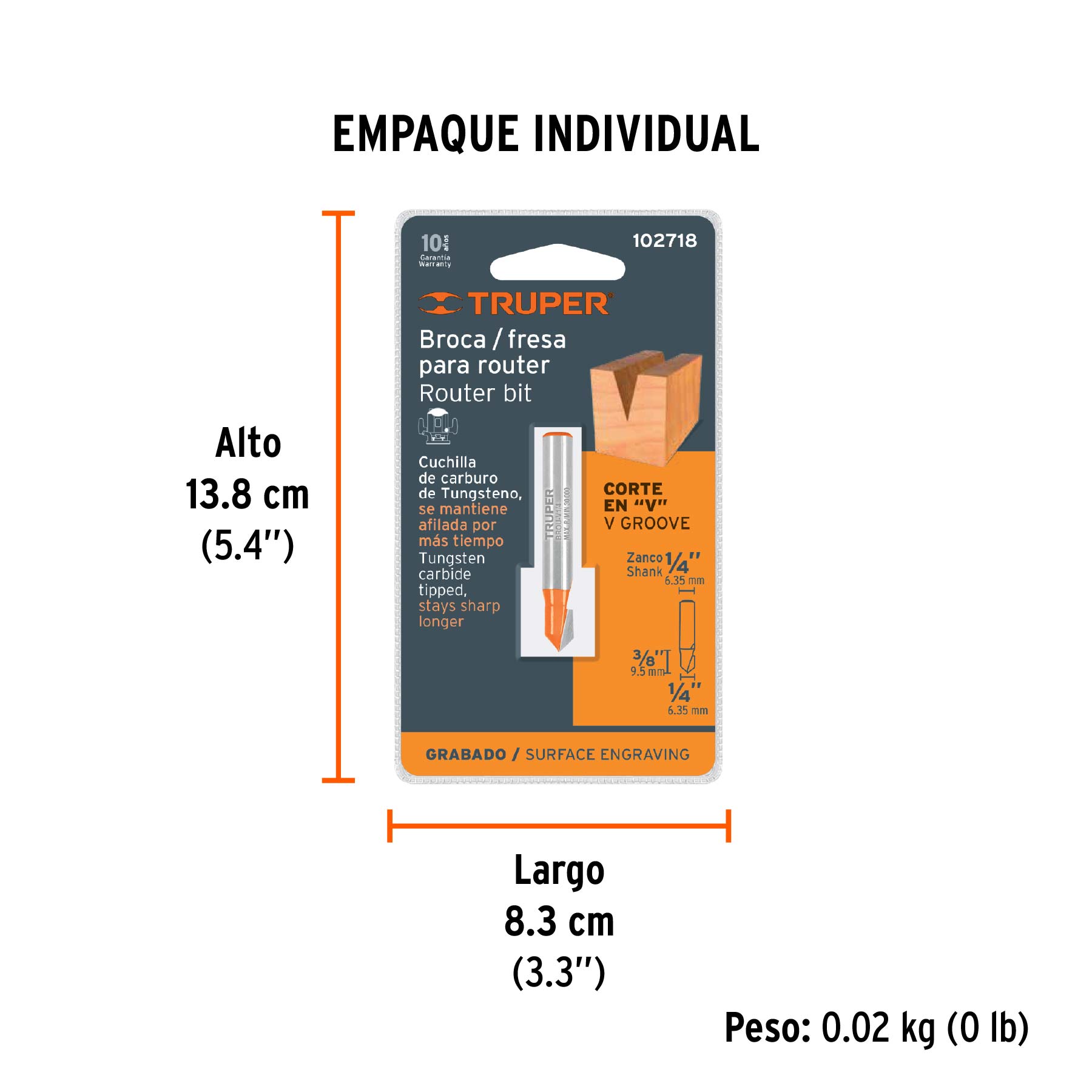 Broca para router, corte en "V", 1/4", TRUPER - Empaque