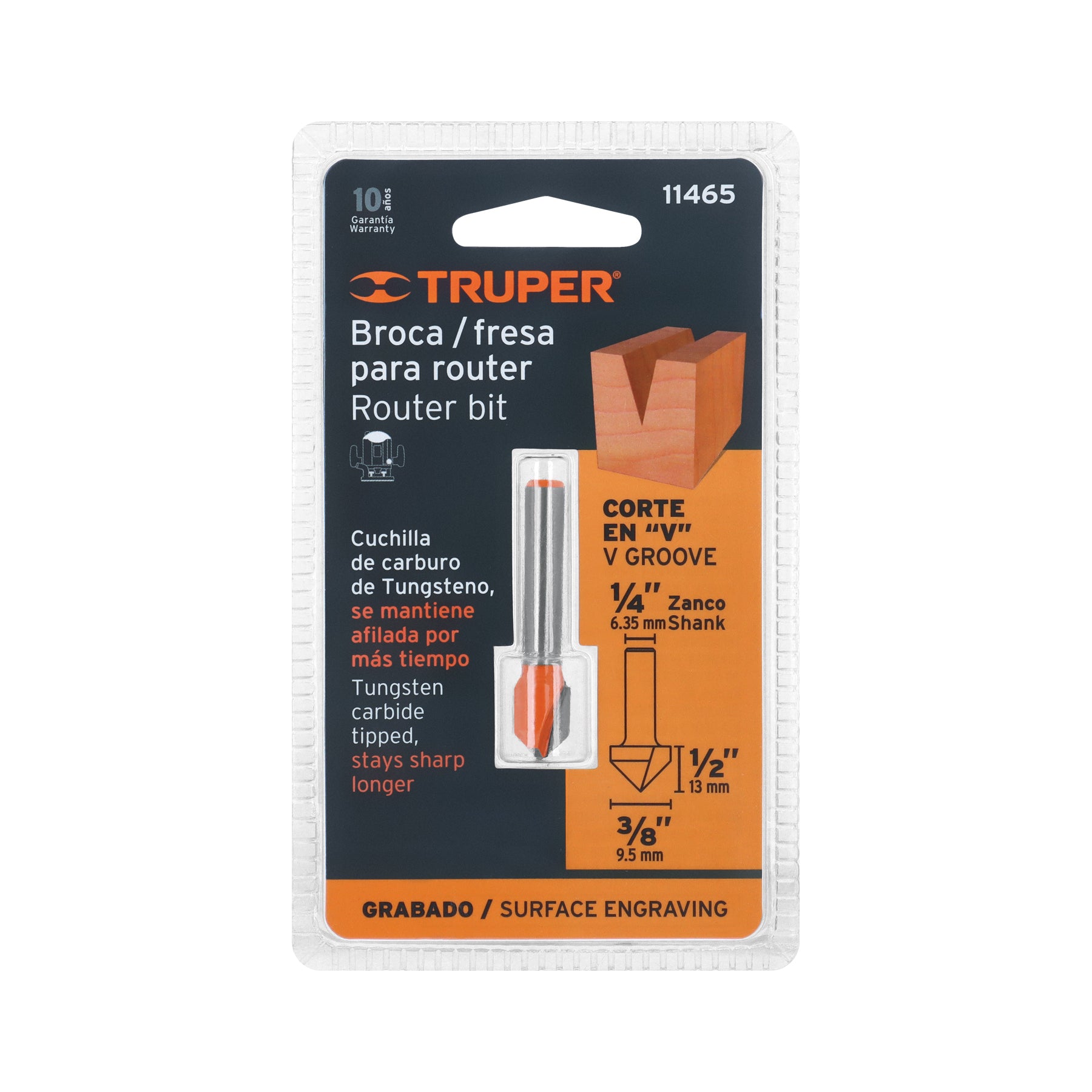 Broca para router, corte en "V", 3/8", TRUPER