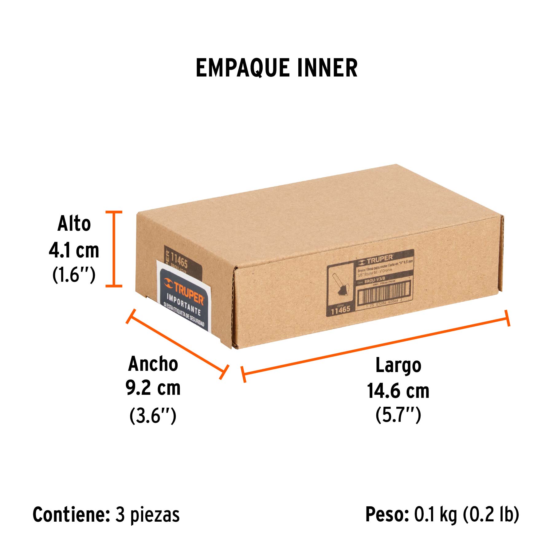 Broca para router, corte en "V", 3/8", TRUPER - Empaque