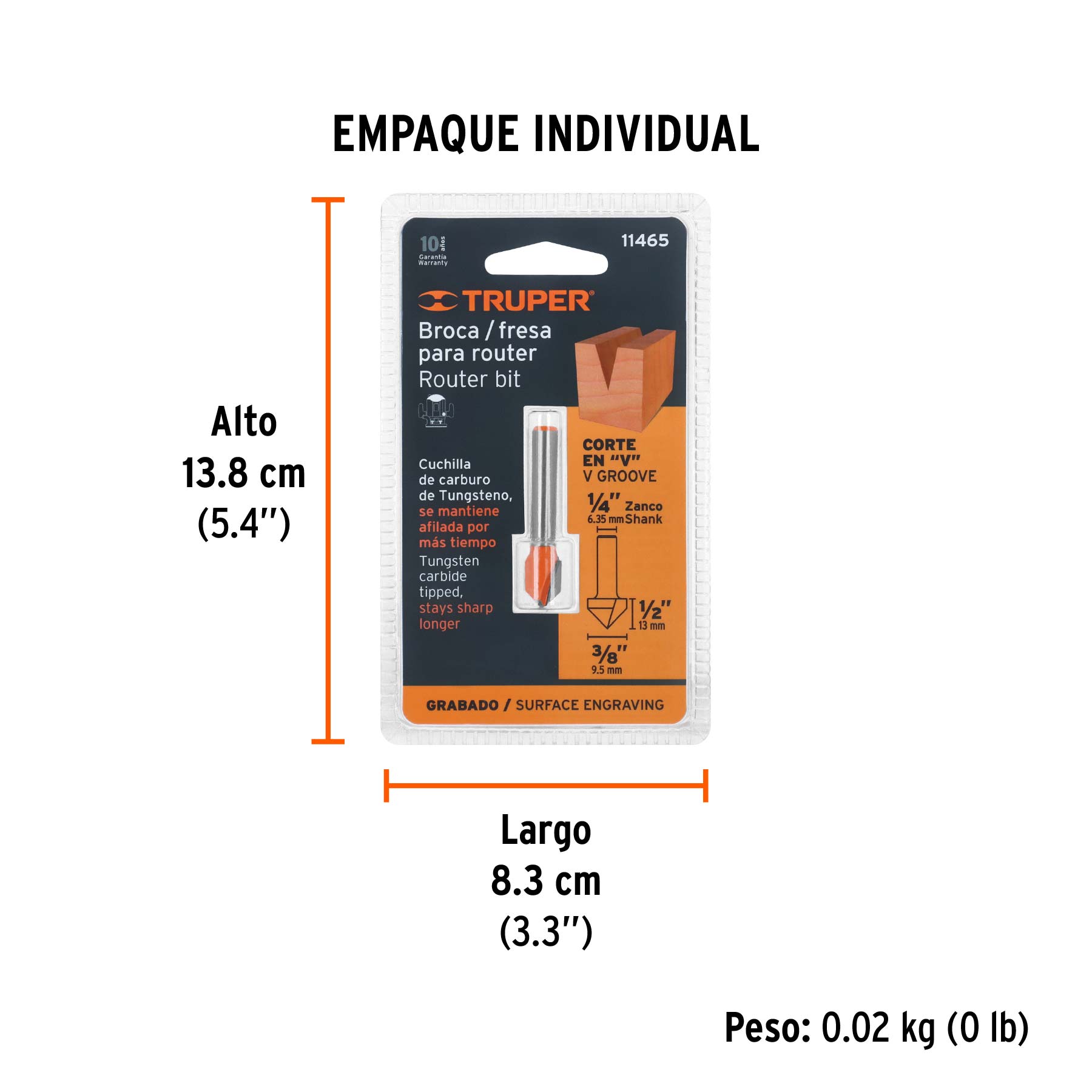 Broca para router, corte en "V", 3/8", TRUPER - Empaque