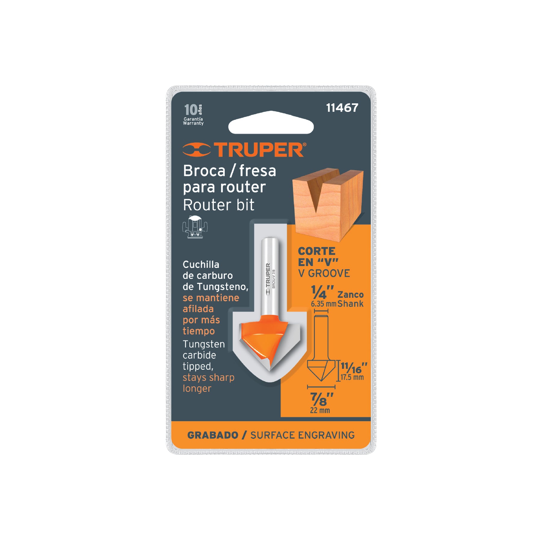 Broca para router, corte en "V", 7/8", TRUPER