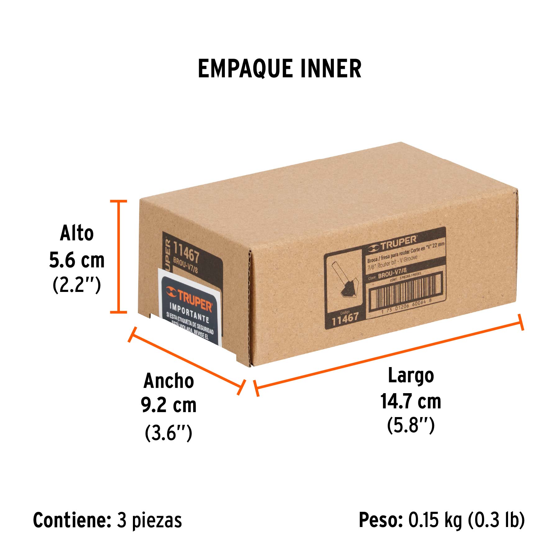 Broca para router, corte en "V", 7/8", TRUPER - Empaque