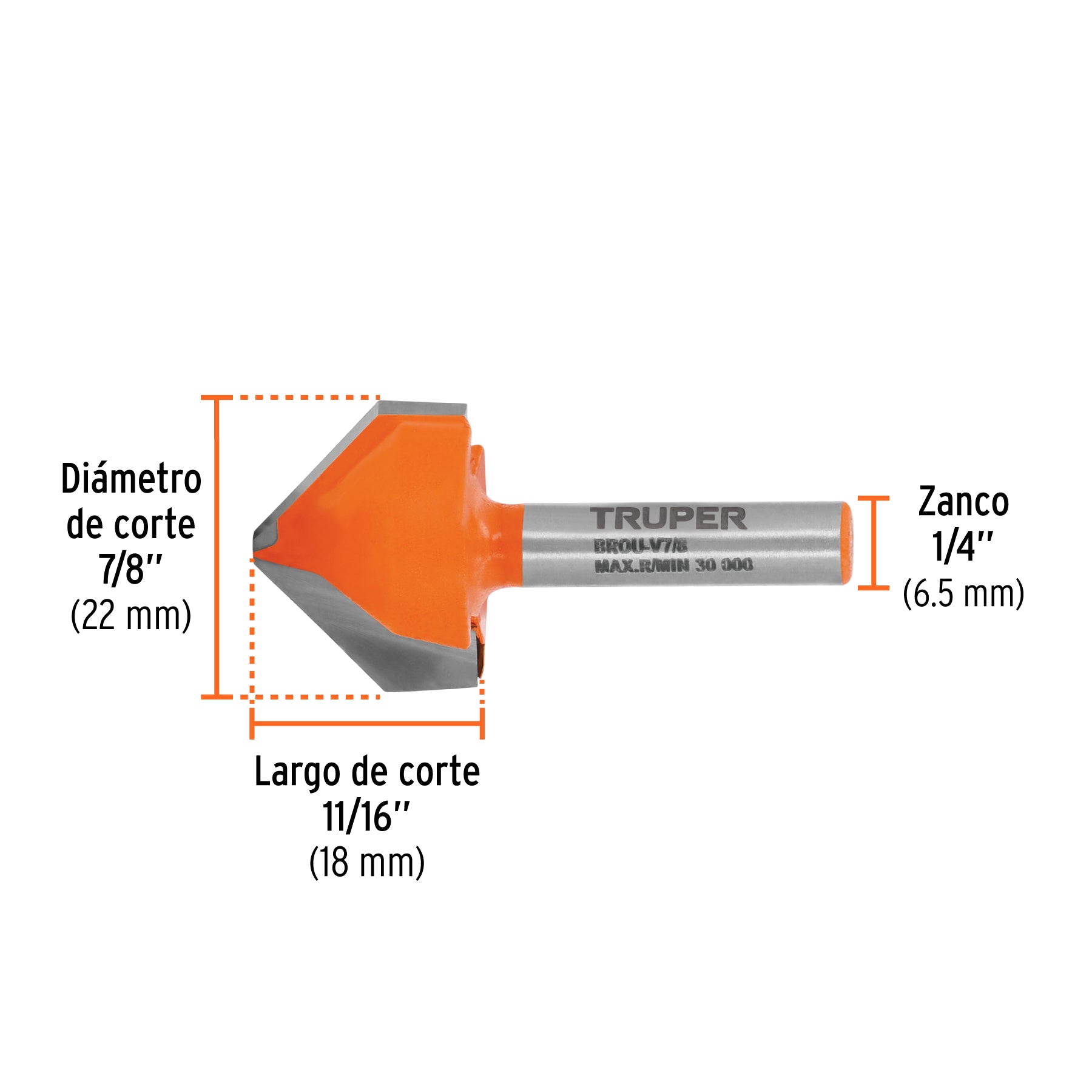 Broca para router, corte en "V", 7/8", TRUPER