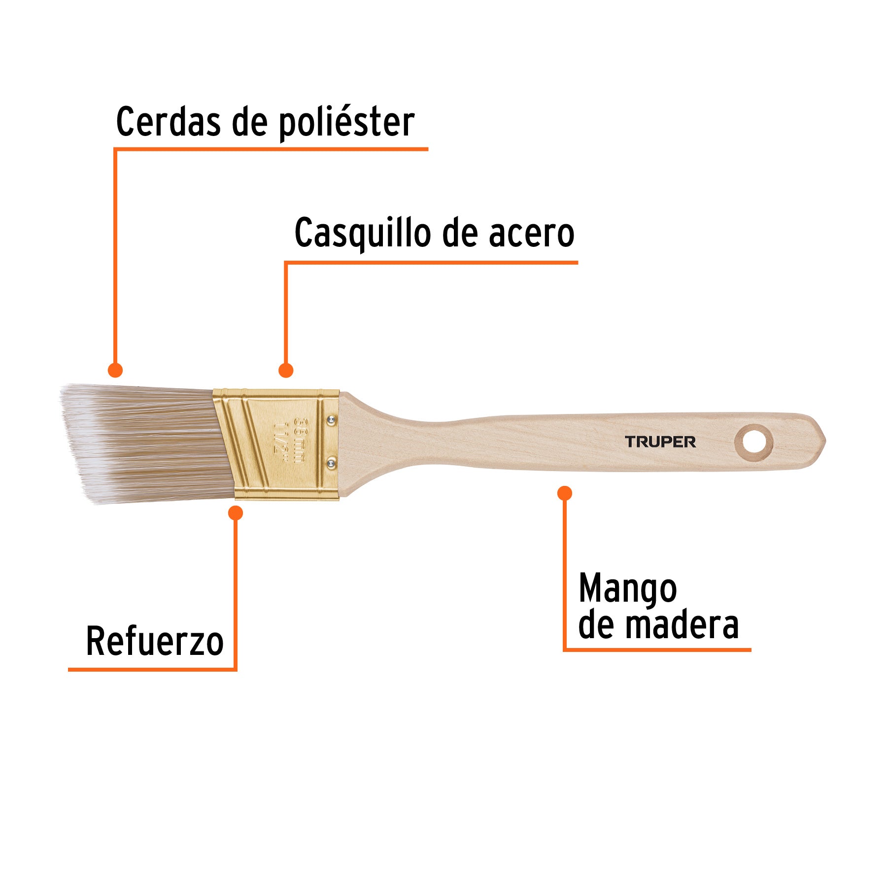 Brocha cerdas sintéticas 1-1/2" corte angular, mango madera