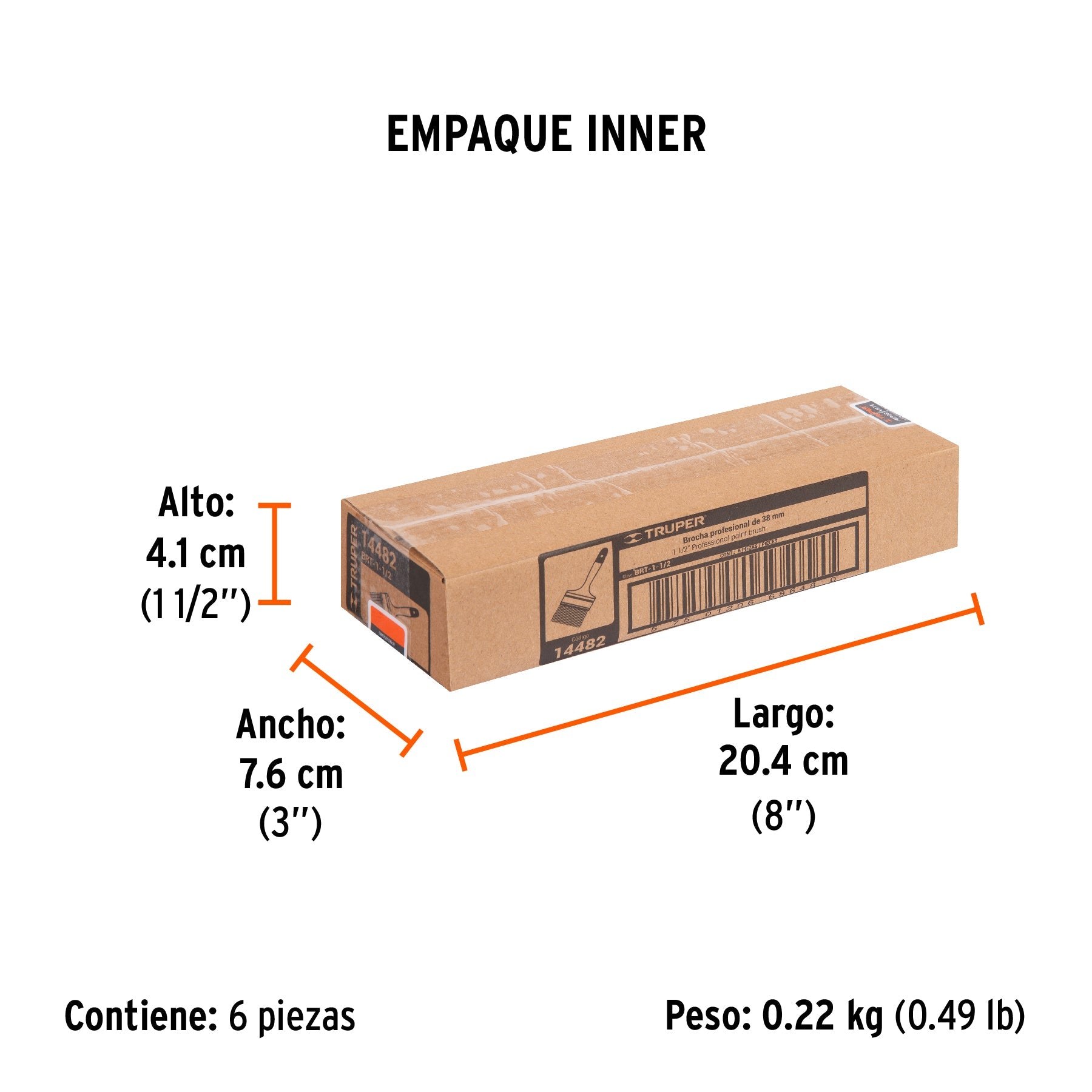 Brocha profesional de 1-1/2" con mango de plástico, TRUPER - Empaque