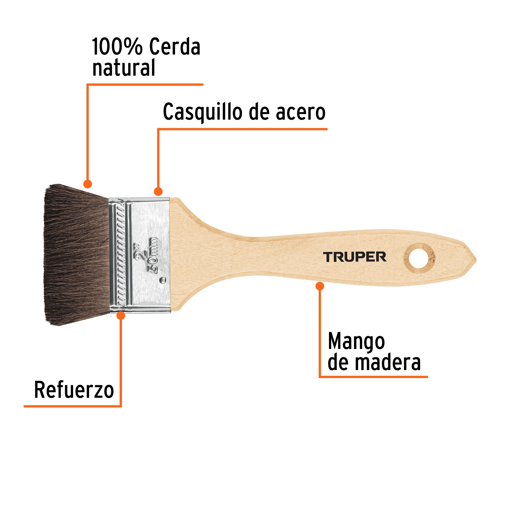 Brocha pelo de camello de 2" con mango de madera, TRUPER